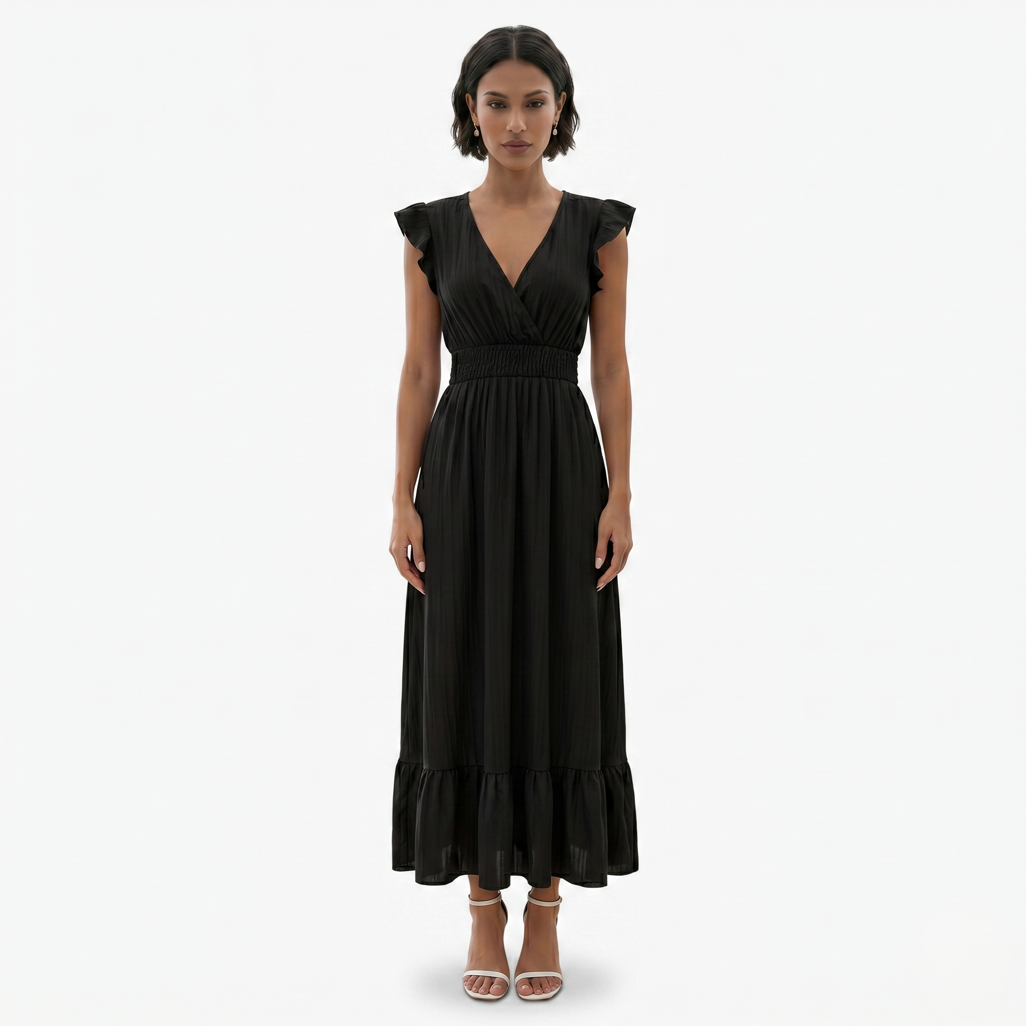Oldevaine | Women’s V-Neck Flutter Sleeve Maxi Dress Smocked Waist Ruffle Hem