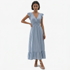 Oldevaine | Women’s V-Neck Flutter Sleeve Maxi Dress Smocked Waist Ruffle Hem