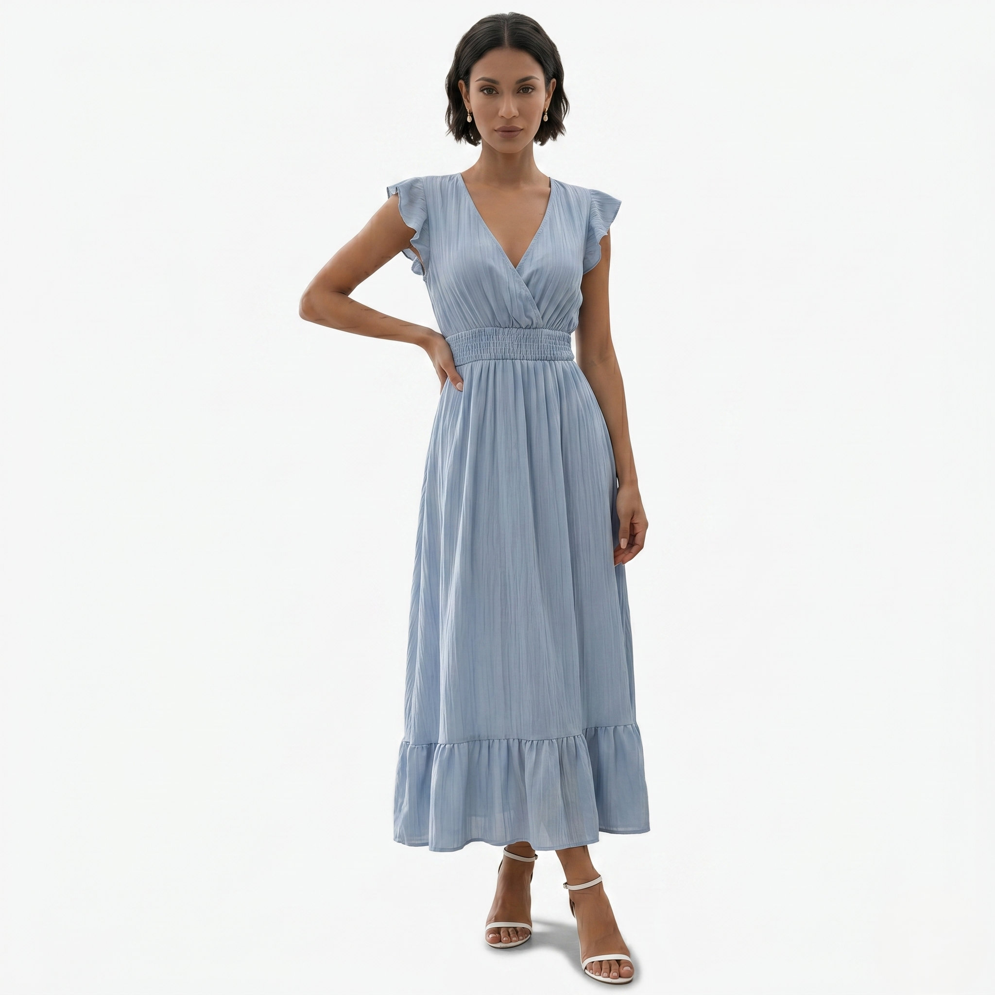 Oldevaine | Women’s V-Neck Flutter Sleeve Maxi Dress Smocked Waist Ruffle Hem