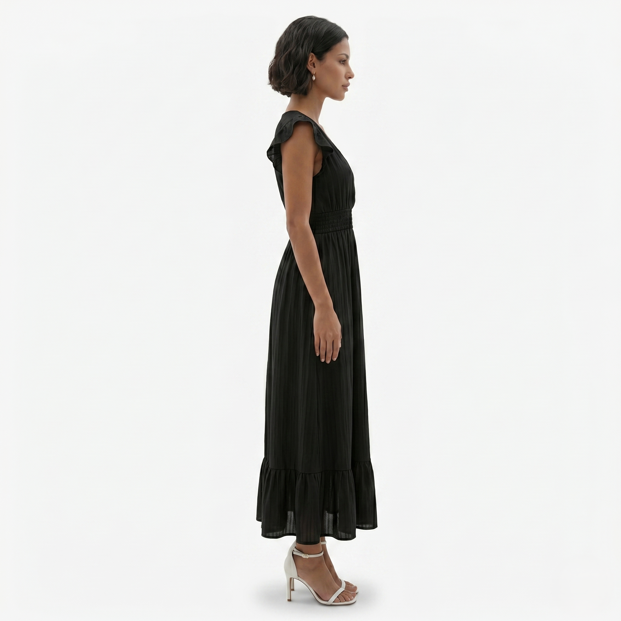 Oldevaine | Women’s V-Neck Flutter Sleeve Maxi Dress Smocked Waist Ruffle Hem