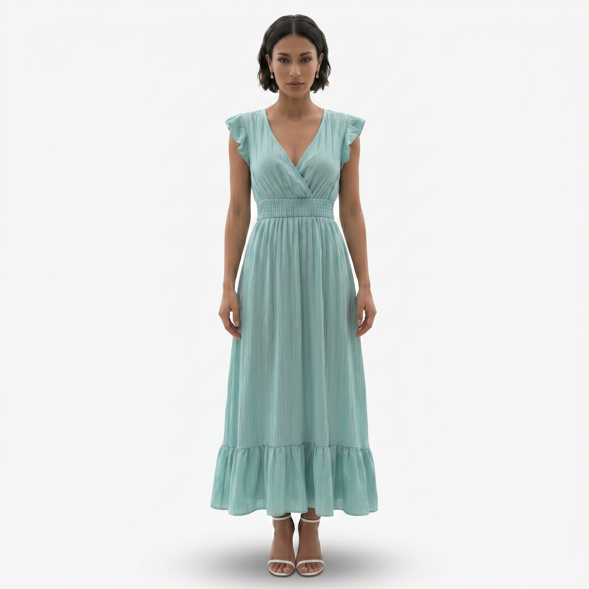 Oldevaine | Women’s V-Neck Flutter Sleeve Maxi Dress Smocked Waist Ruffle Hem
