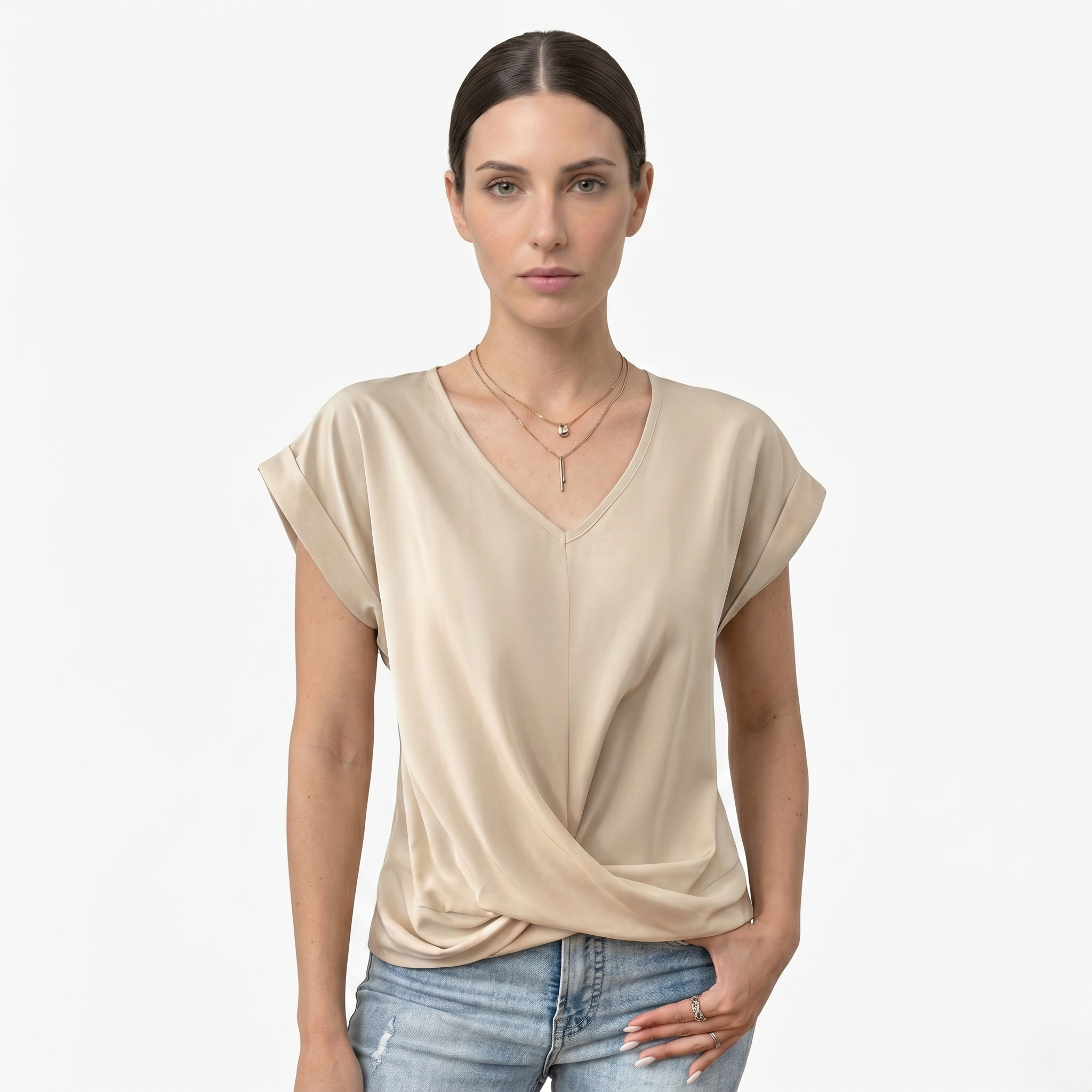 Oldevaine | Women's V Neck Short Sleeve Wrap Front Blouse Top