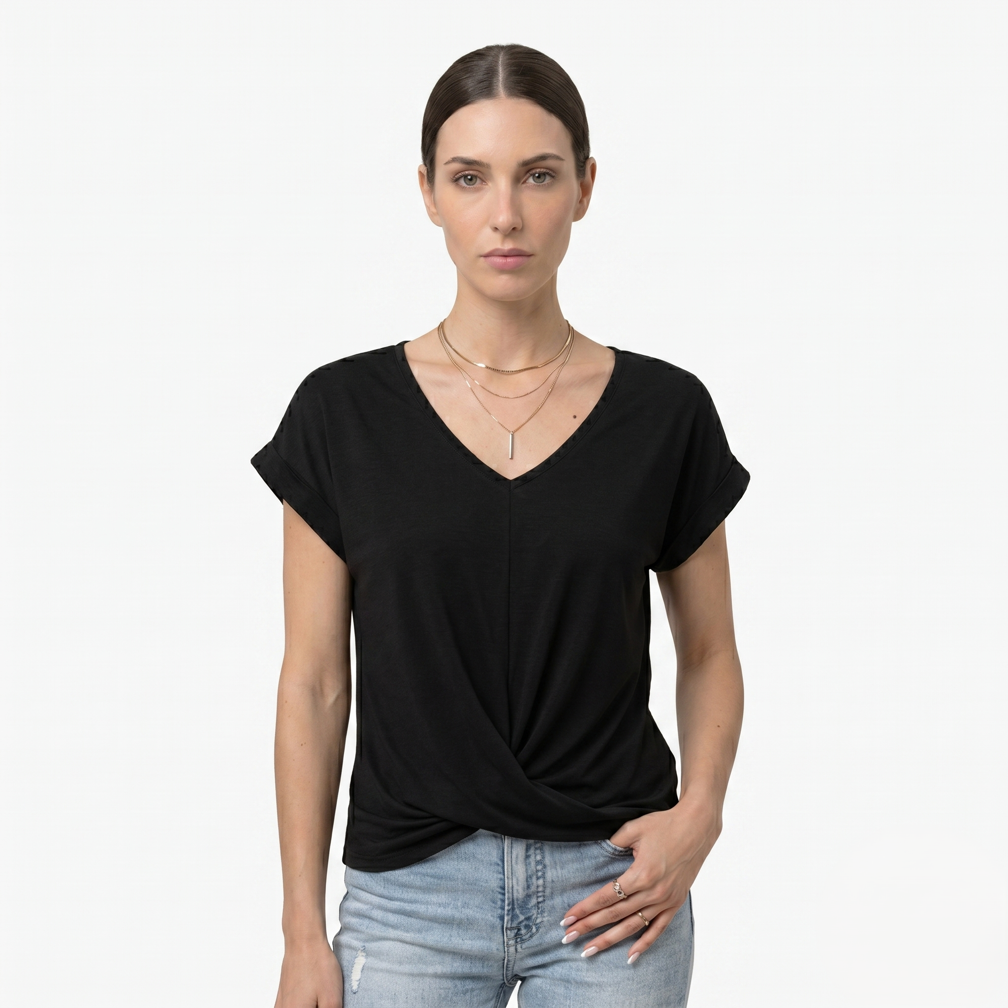 Oldevaine | Women's V Neck Short Sleeve Wrap Front Blouse Top