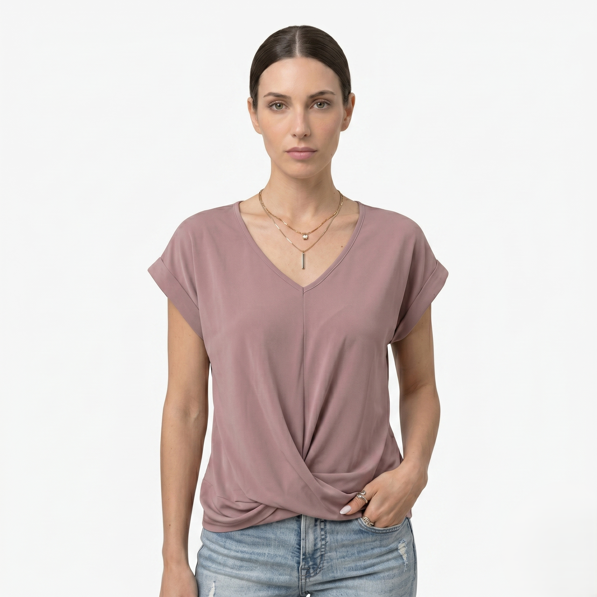 Oldevaine | Women's V Neck Short Sleeve Wrap Front Blouse Top