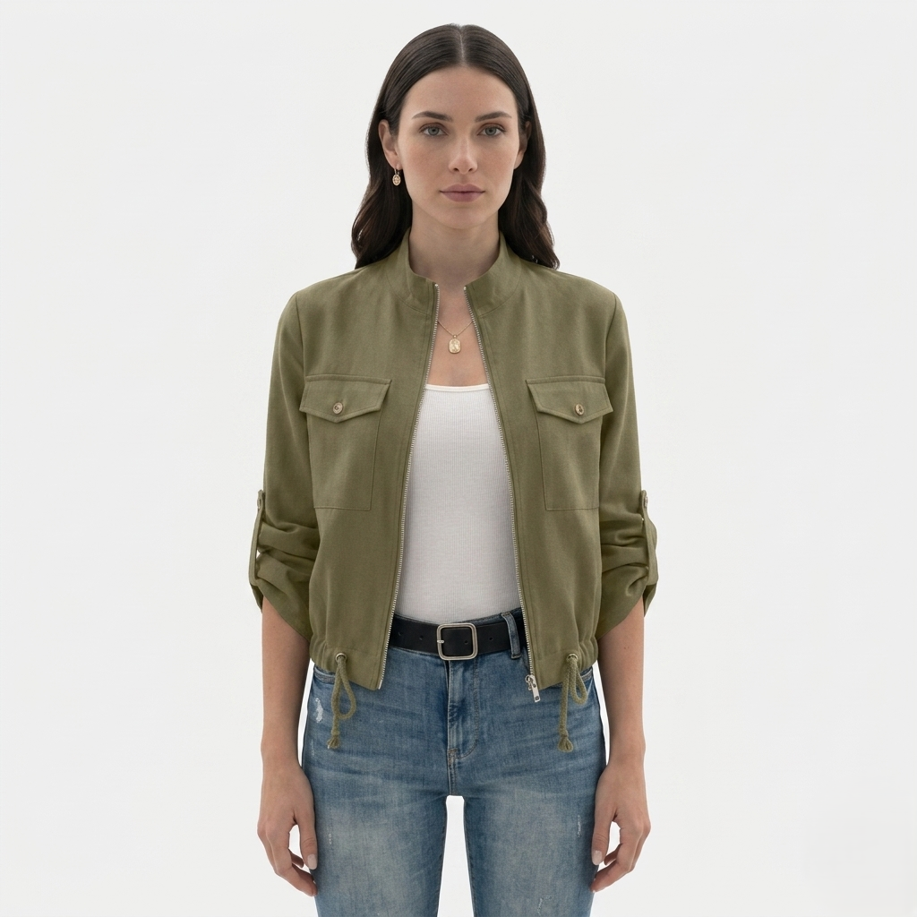 Oldevaine | Women's Zip Up Utility Jacket Stand Collar