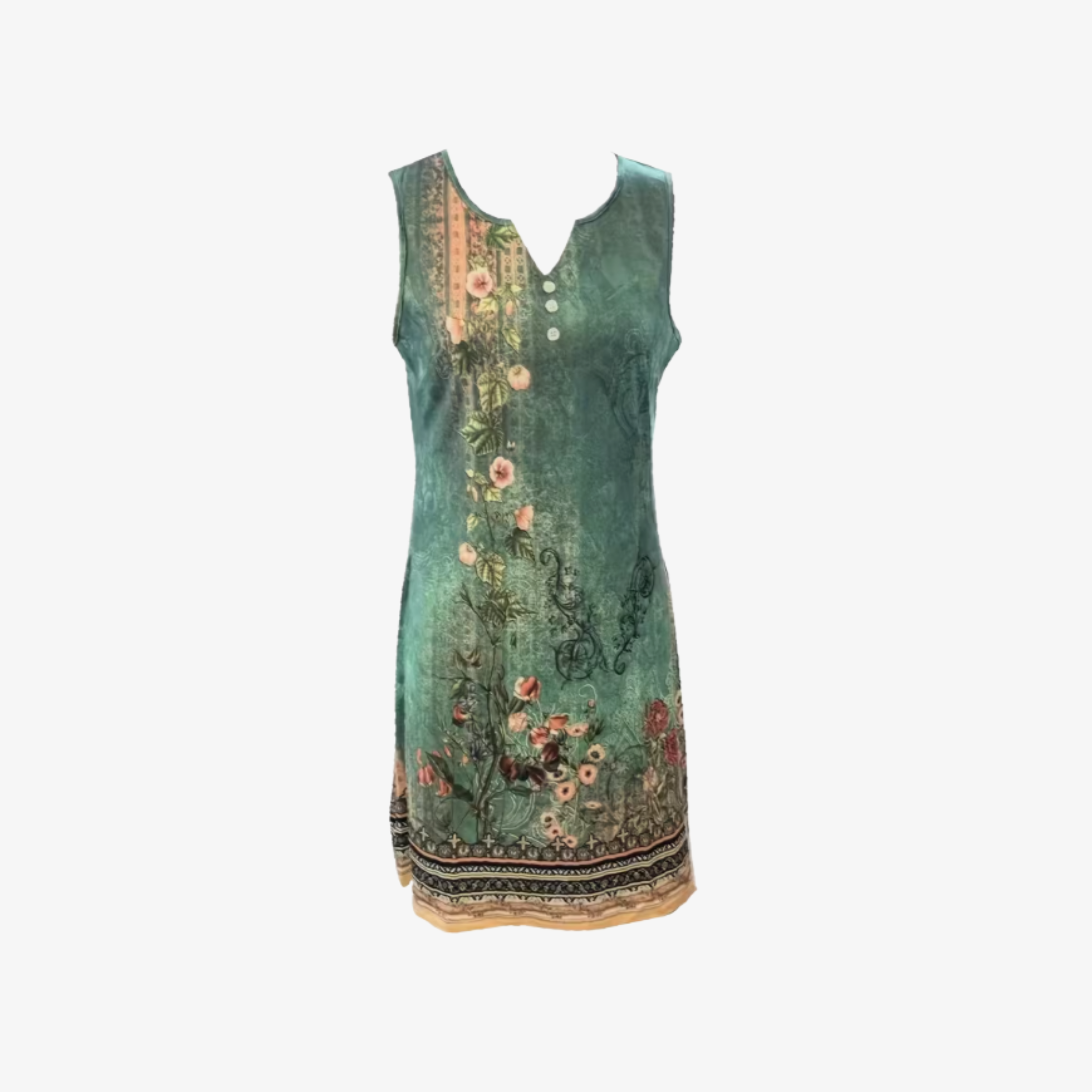 Oldevaine | Sleeveless Notch V-Neck Floral Print Sundress Button Detail