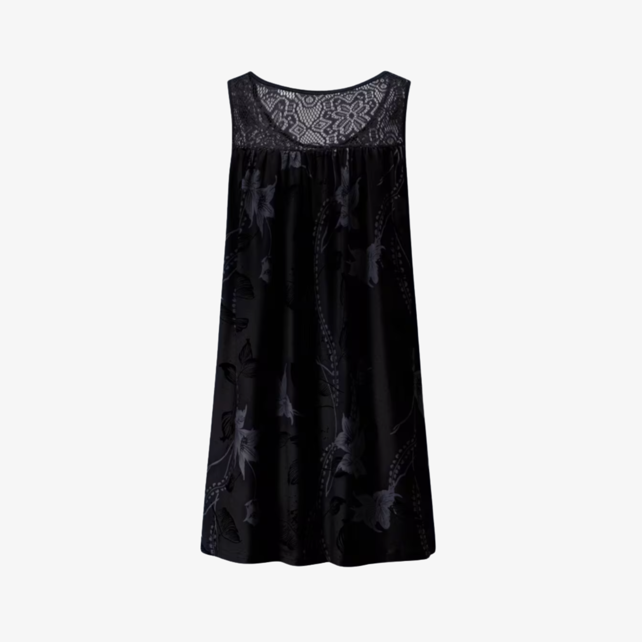 Oldevaine | Sleeveless Scoop Neck Printed Mini Dress Lace Yoke Detail