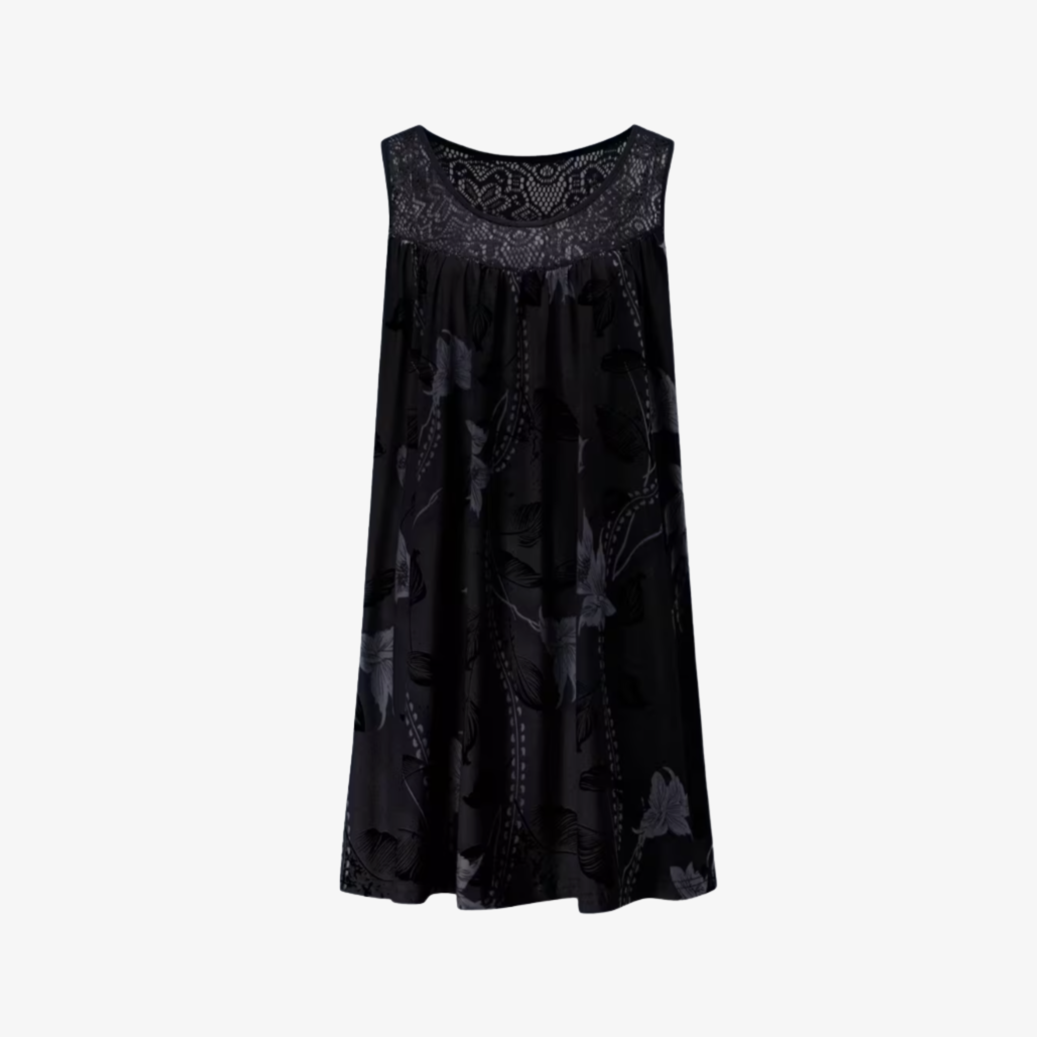 Oldevaine | Sleeveless Scoop Neck Printed Mini Dress Lace Yoke Detail