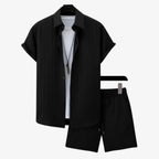 Oldevaine | Two Piece Pleated Textured Button Shirt and Shorts Set