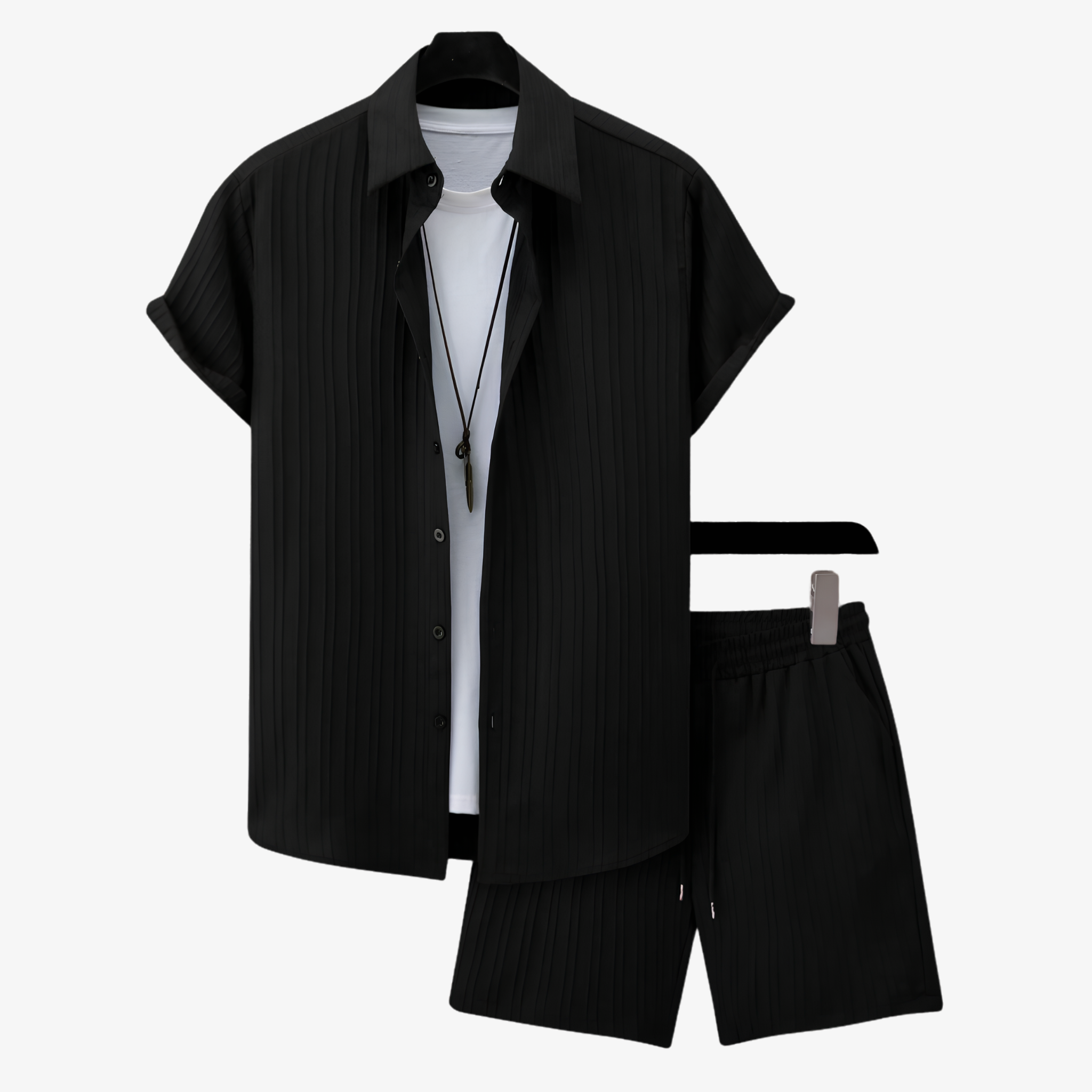 Oldevaine | Two Piece Pleated Textured Button Shirt and Shorts Set