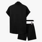 Oldevaine | Two Piece Pleated Textured Button Shirt and Shorts Set