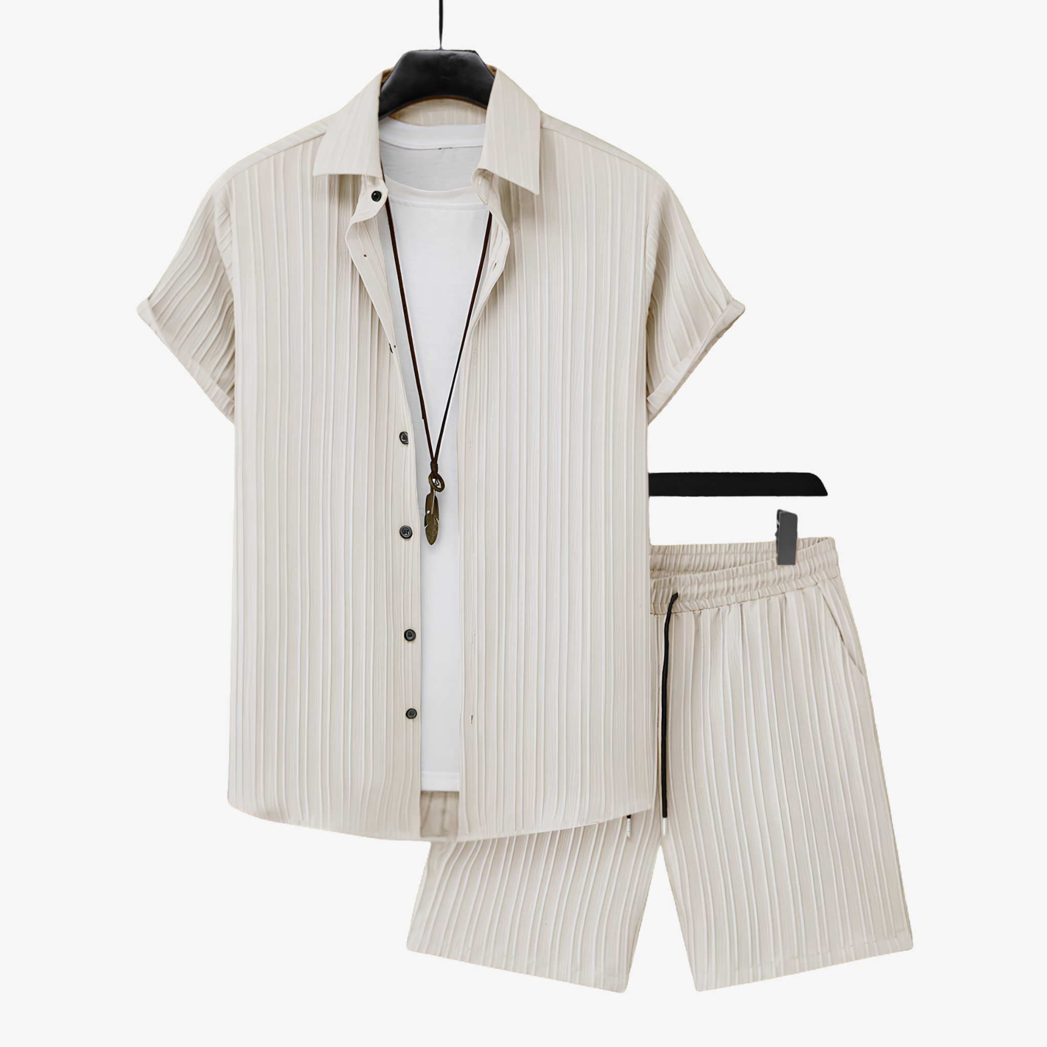 Oldevaine | Two Piece Pleated Textured Button Shirt and Shorts Set