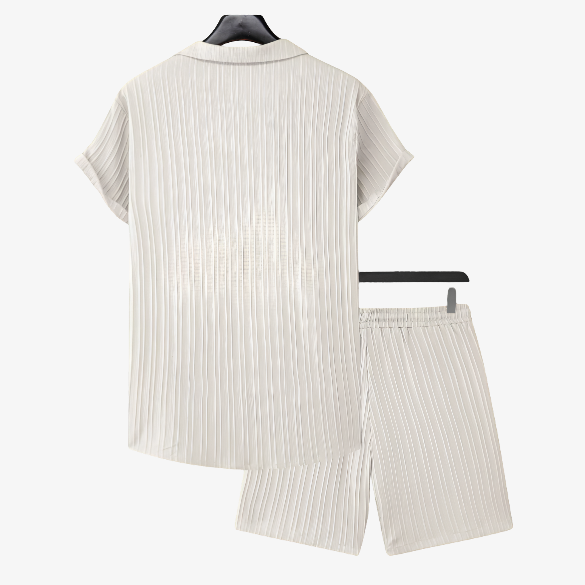 Oldevaine | Two Piece Pleated Textured Button Shirt and Shorts Set