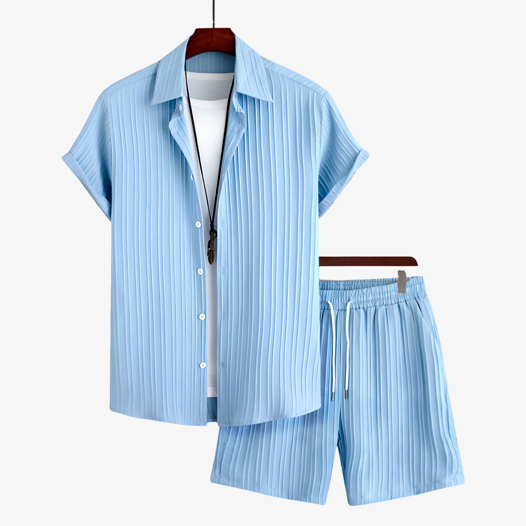 Oldevaine | Two Piece Pleated Textured Button Shirt and Shorts Set