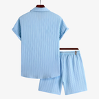 Oldevaine | Two Piece Pleated Textured Button Shirt and Shorts Set