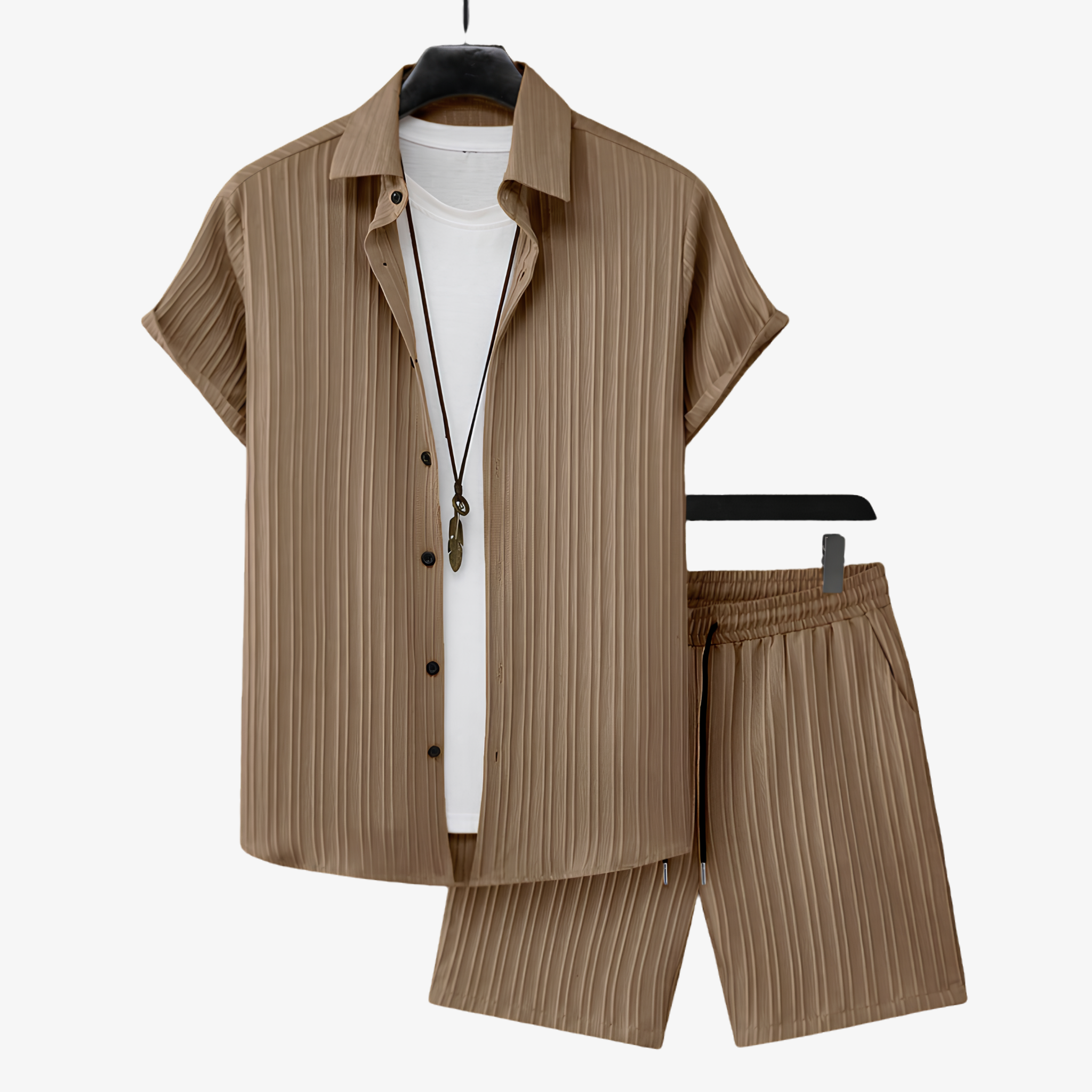 Oldevaine | Two Piece Pleated Textured Button Shirt and Shorts Set