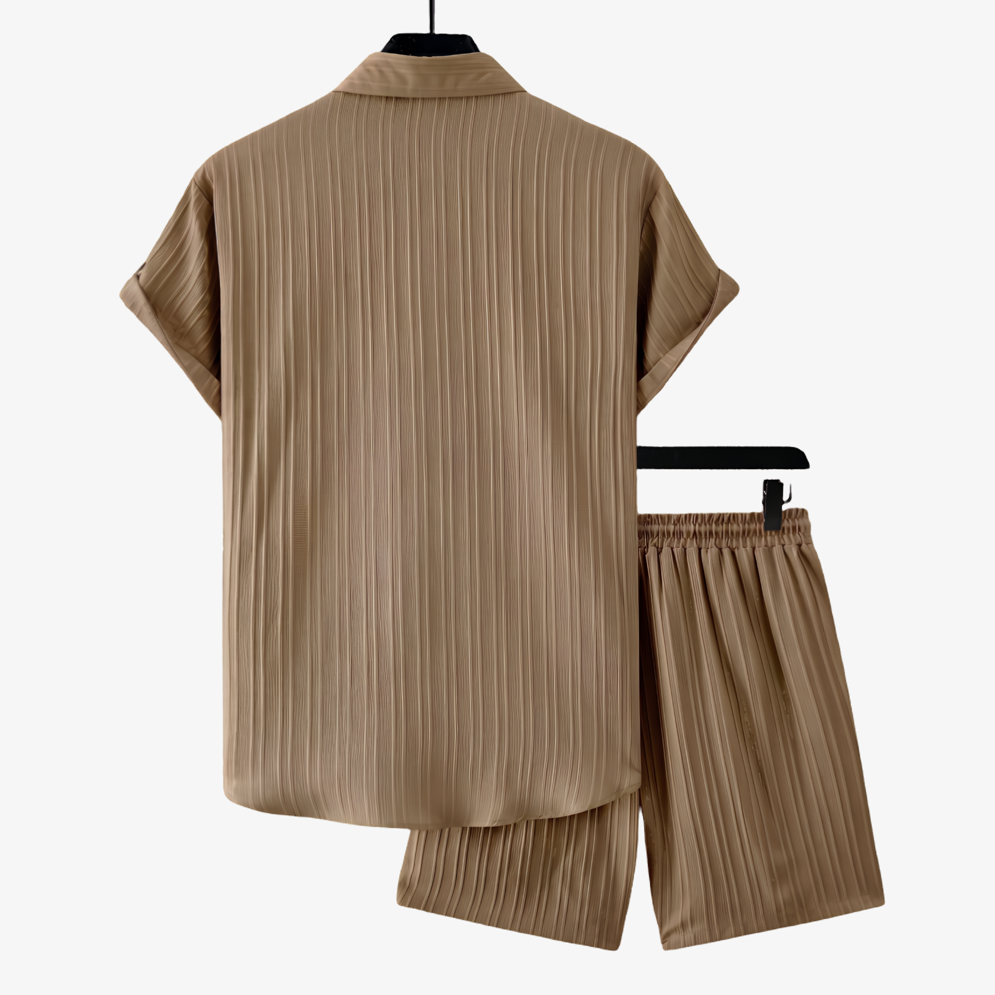 Oldevaine | Two Piece Pleated Textured Button Shirt and Shorts Set