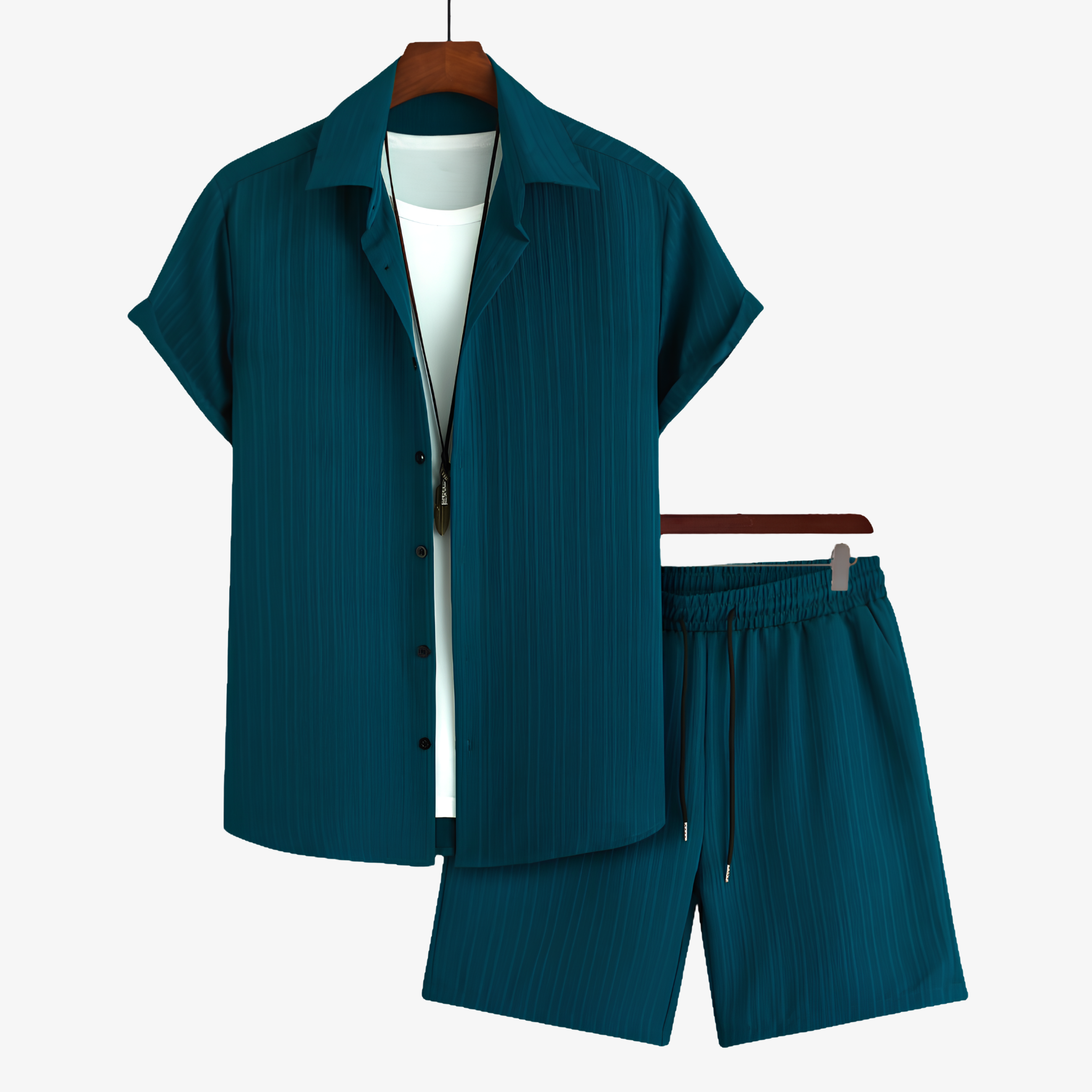 Oldevaine | Two Piece Pleated Textured Button Shirt and Shorts Set