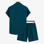 Oldevaine | Two Piece Pleated Textured Button Shirt and Shorts Set