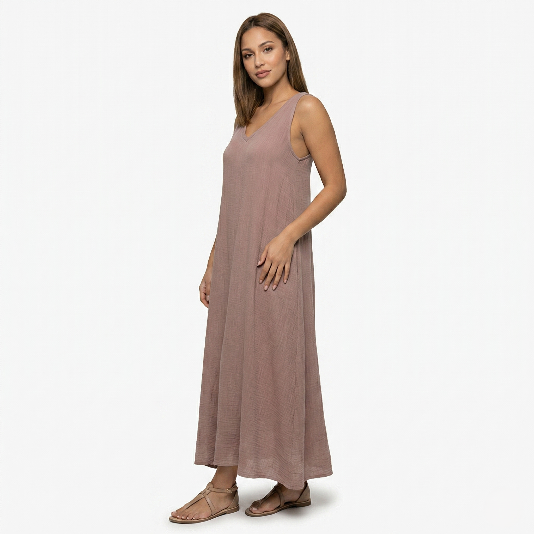 Oldevaine | Casual Sleeveless V-Neck Draped Maxi Dress