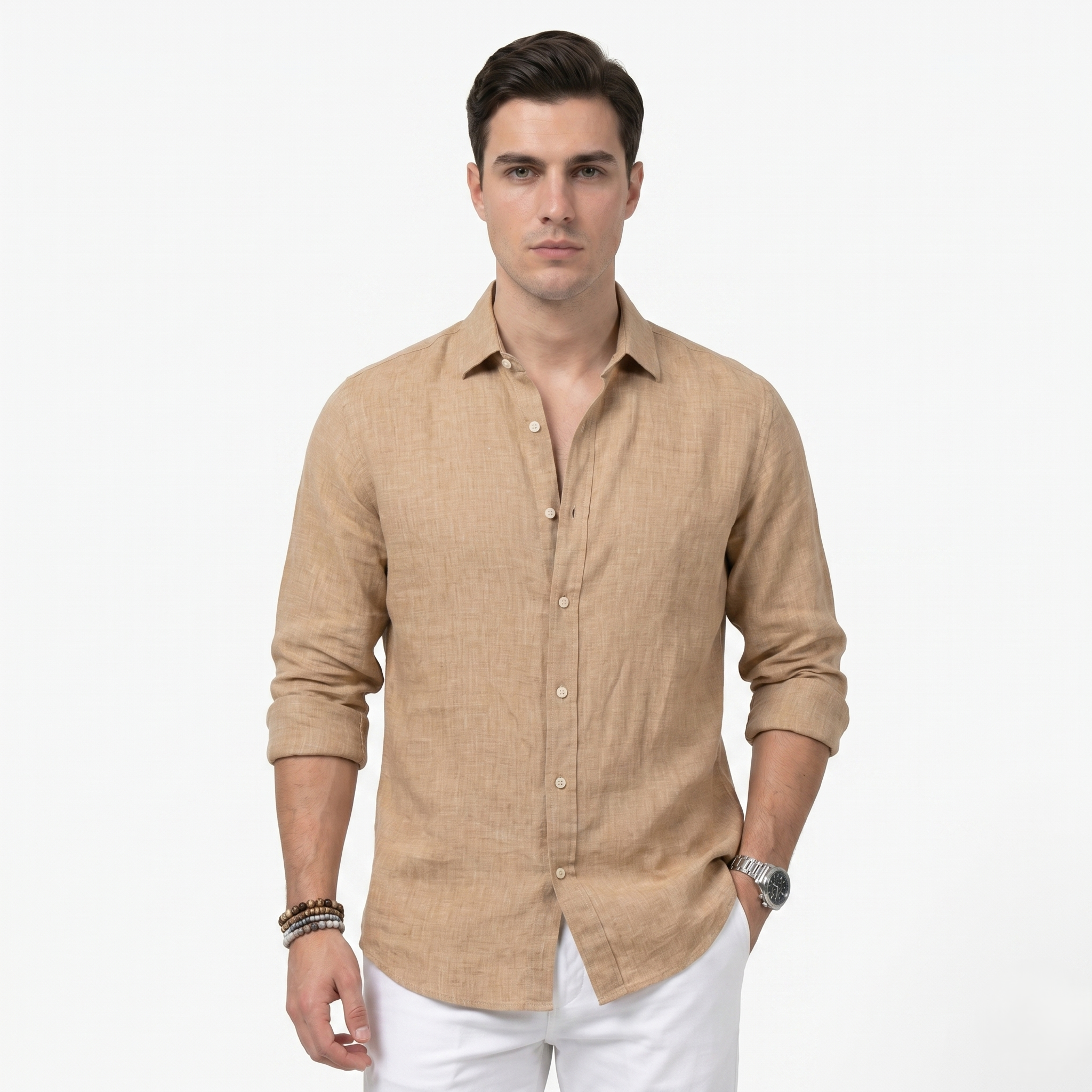 Oldevaine | Men's Casual Button-Up Long Sleeve Linen Blend Shirt
