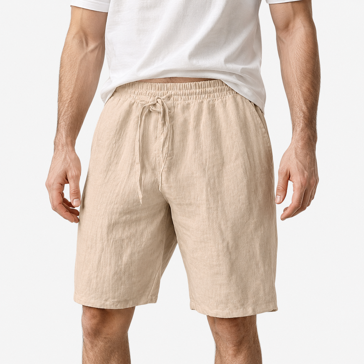 Oldevaine | Men's Linen Elastic Waist Drawstring Shorts with Pockets