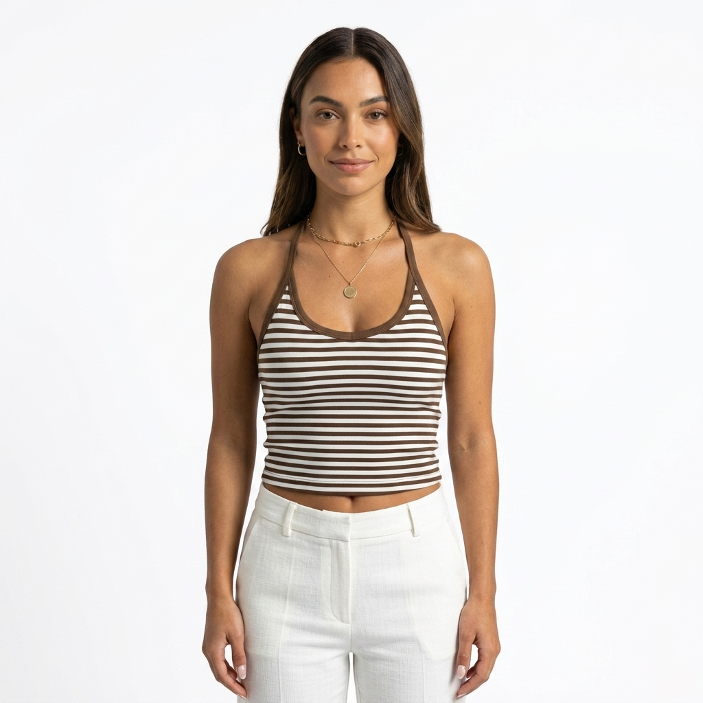 Oldevaine | Ribbed Halter Neck Backless Fitted Tank Top