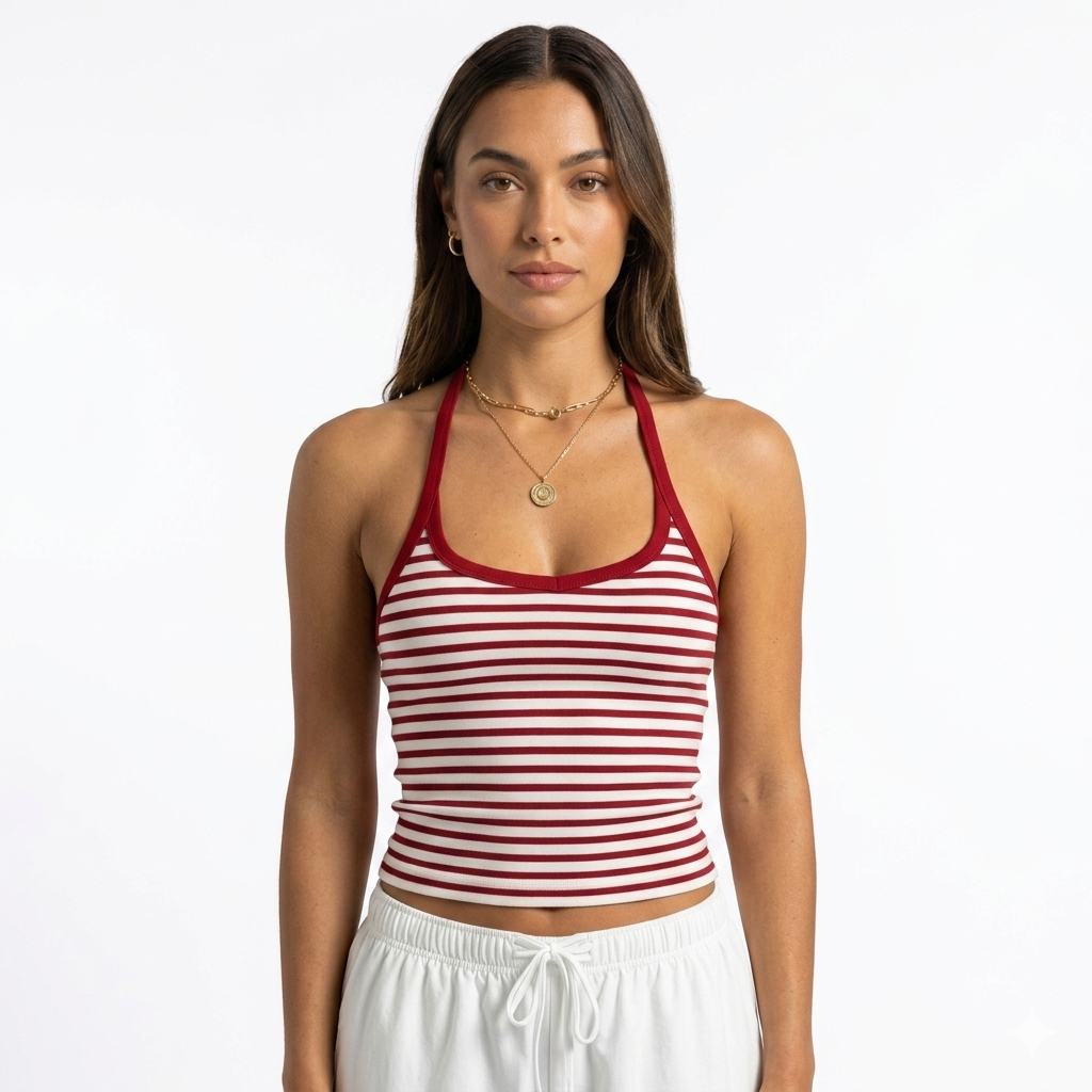 Oldevaine | Ribbed Halter Neck Backless Fitted Tank Top