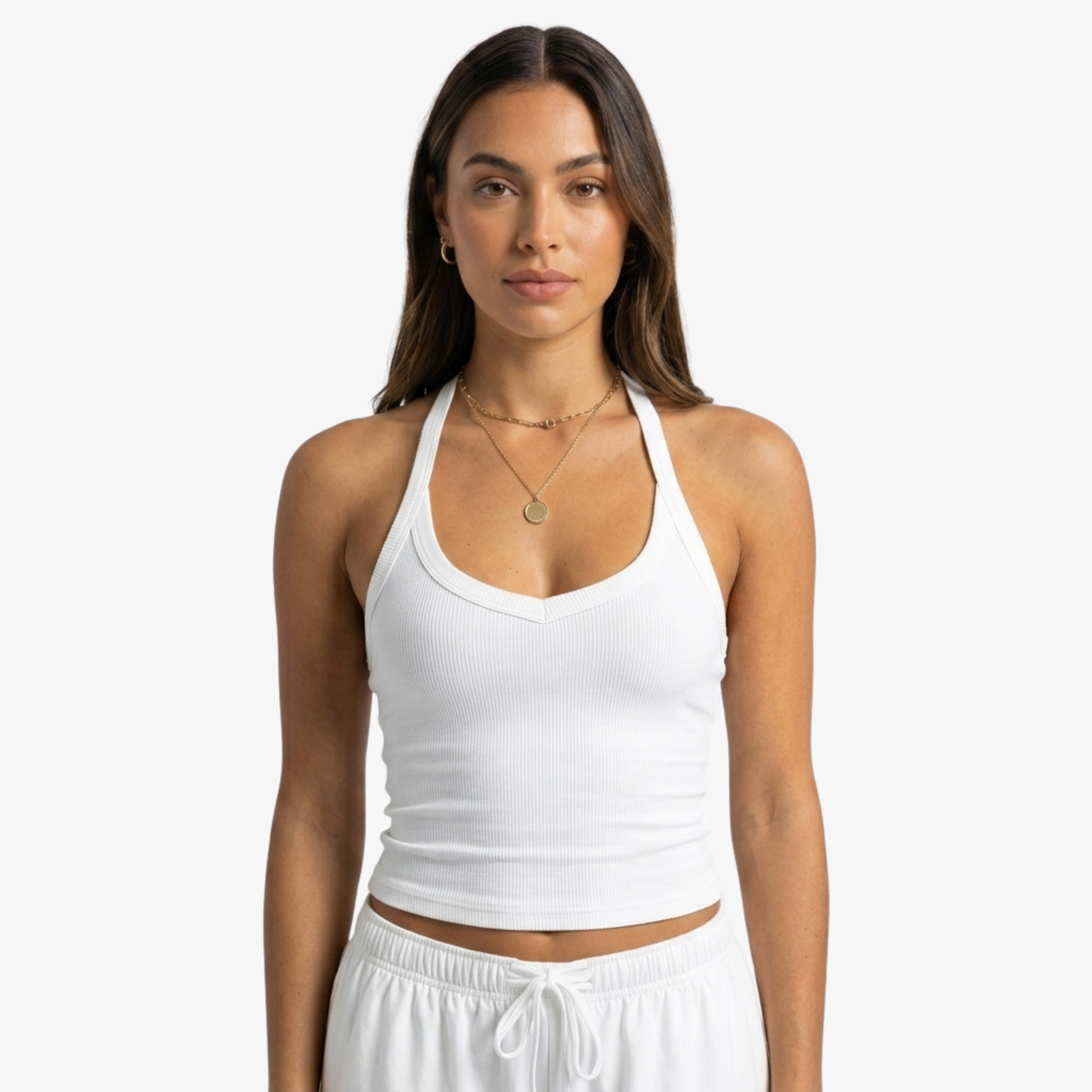 Oldevaine | Ribbed Halter Neck Backless Fitted Tank Top