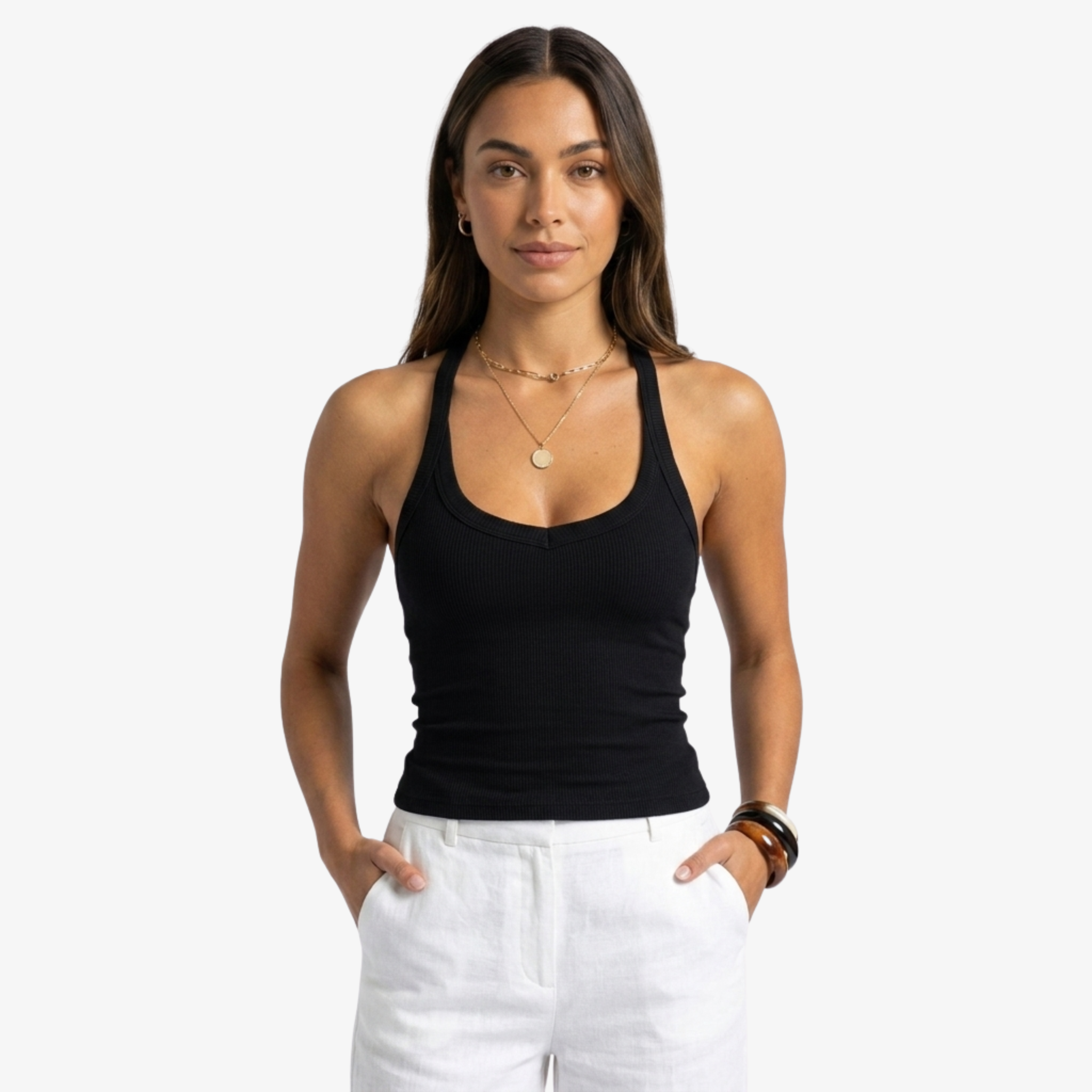 Oldevaine | Ribbed Halter Neck Backless Fitted Tank Top