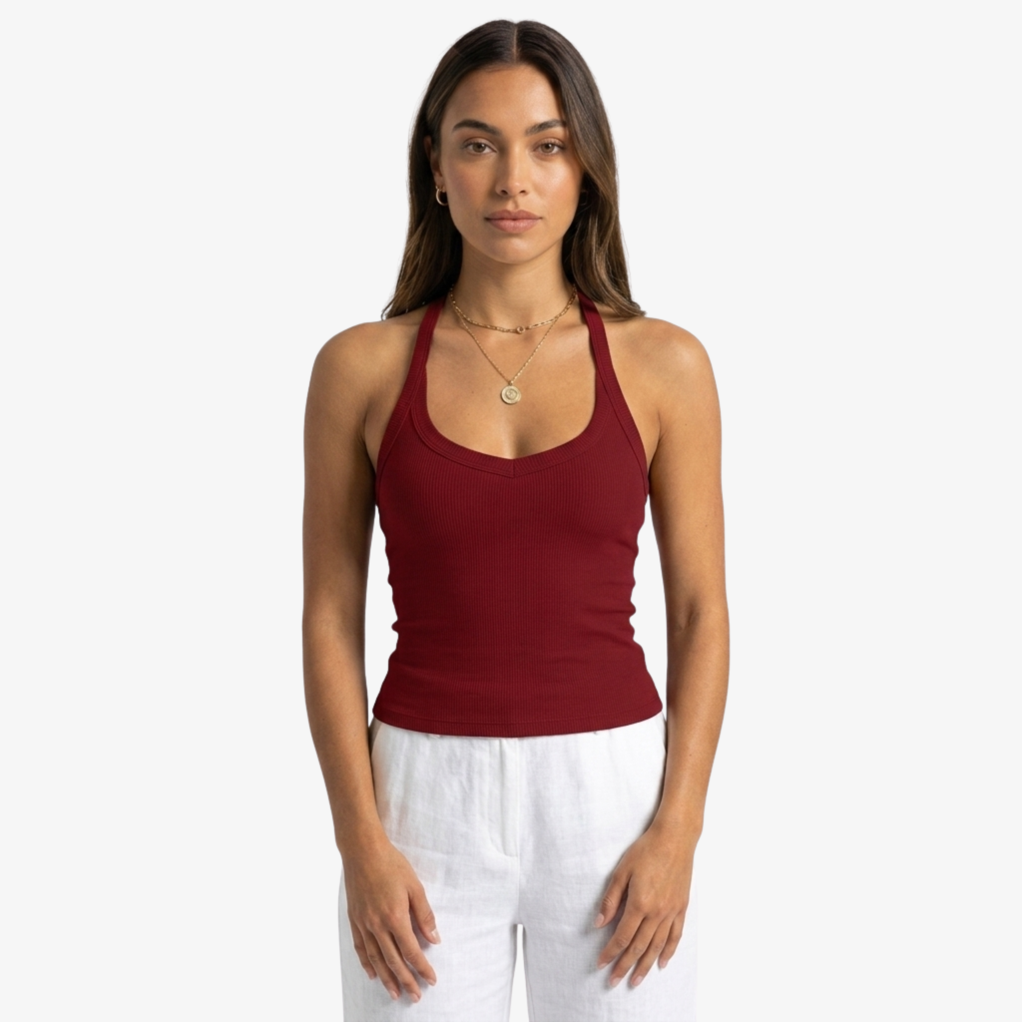 Oldevaine | Ribbed Halter Neck Backless Fitted Tank Top