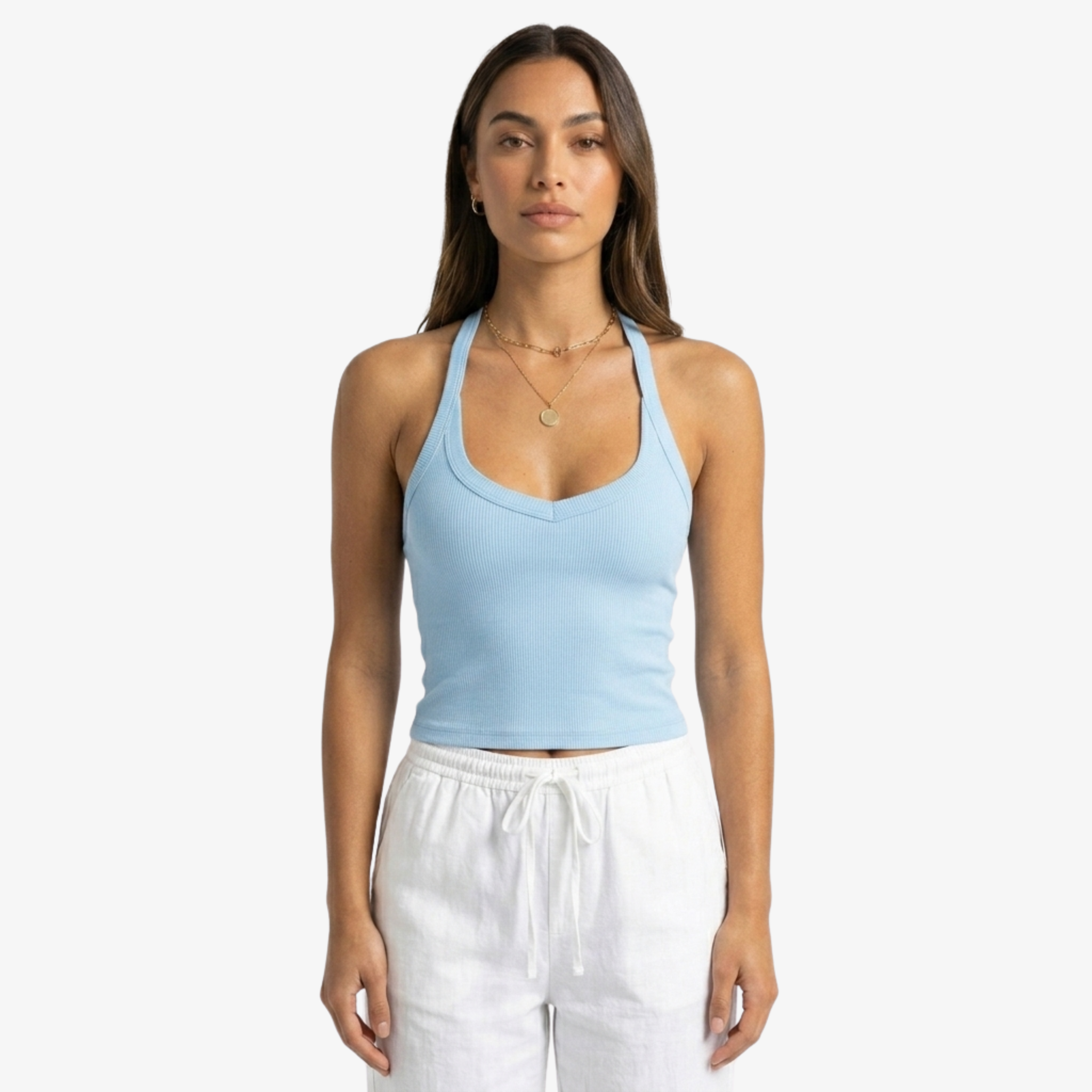 Oldevaine | Ribbed Halter Neck Backless Fitted Tank Top