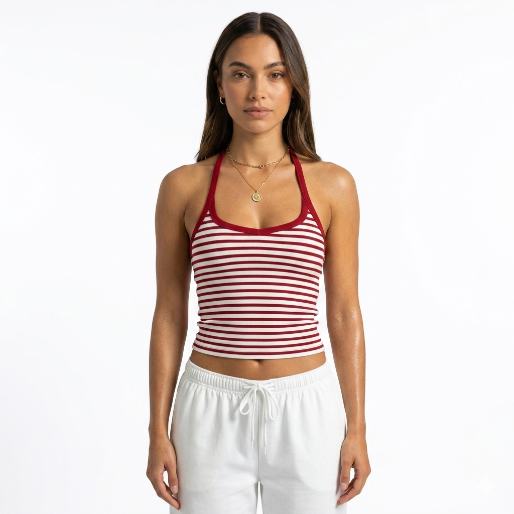 Oldevaine | Ribbed Halter Neck Backless Fitted Tank Top