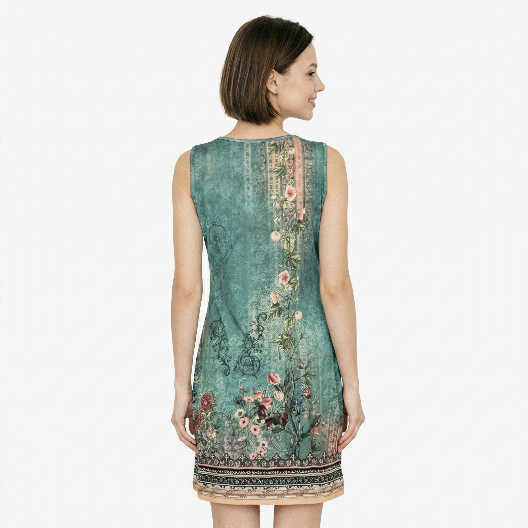 Oldevaine | Sleeveless Notch V-Neck Floral Print Sundress Button Detail