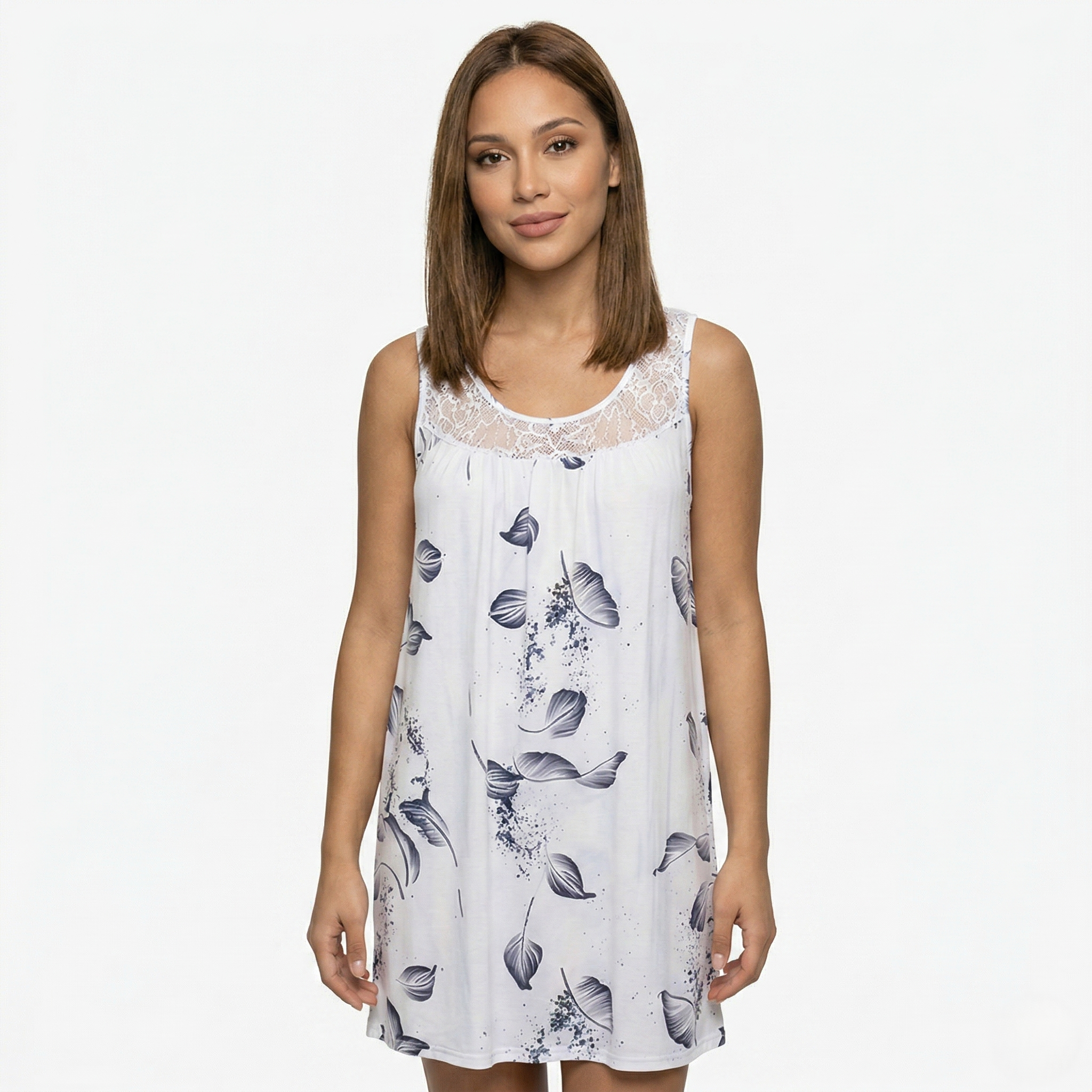 Oldevaine | Sleeveless Scoop Neck Printed Mini Dress Lace Yoke Detail