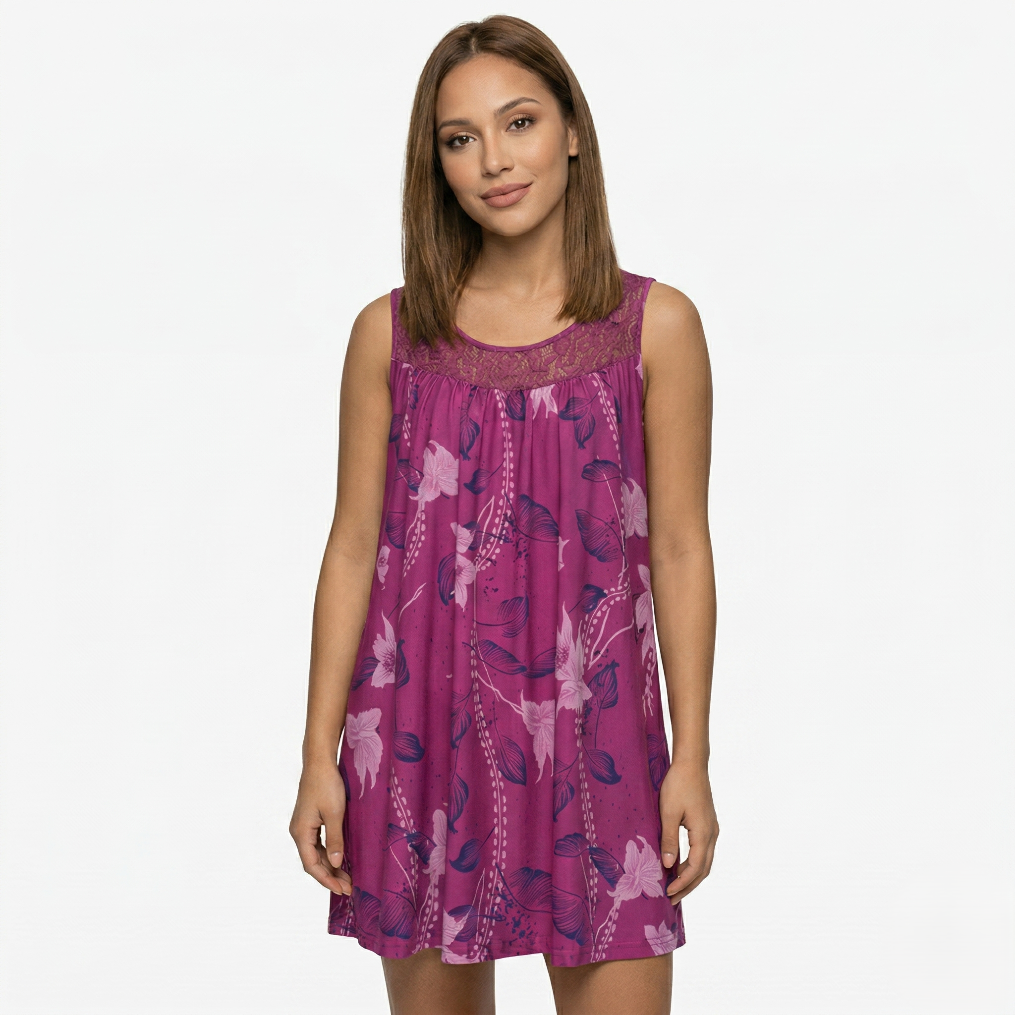 Oldevaine | Sleeveless Scoop Neck Printed Mini Dress Lace Yoke Detail