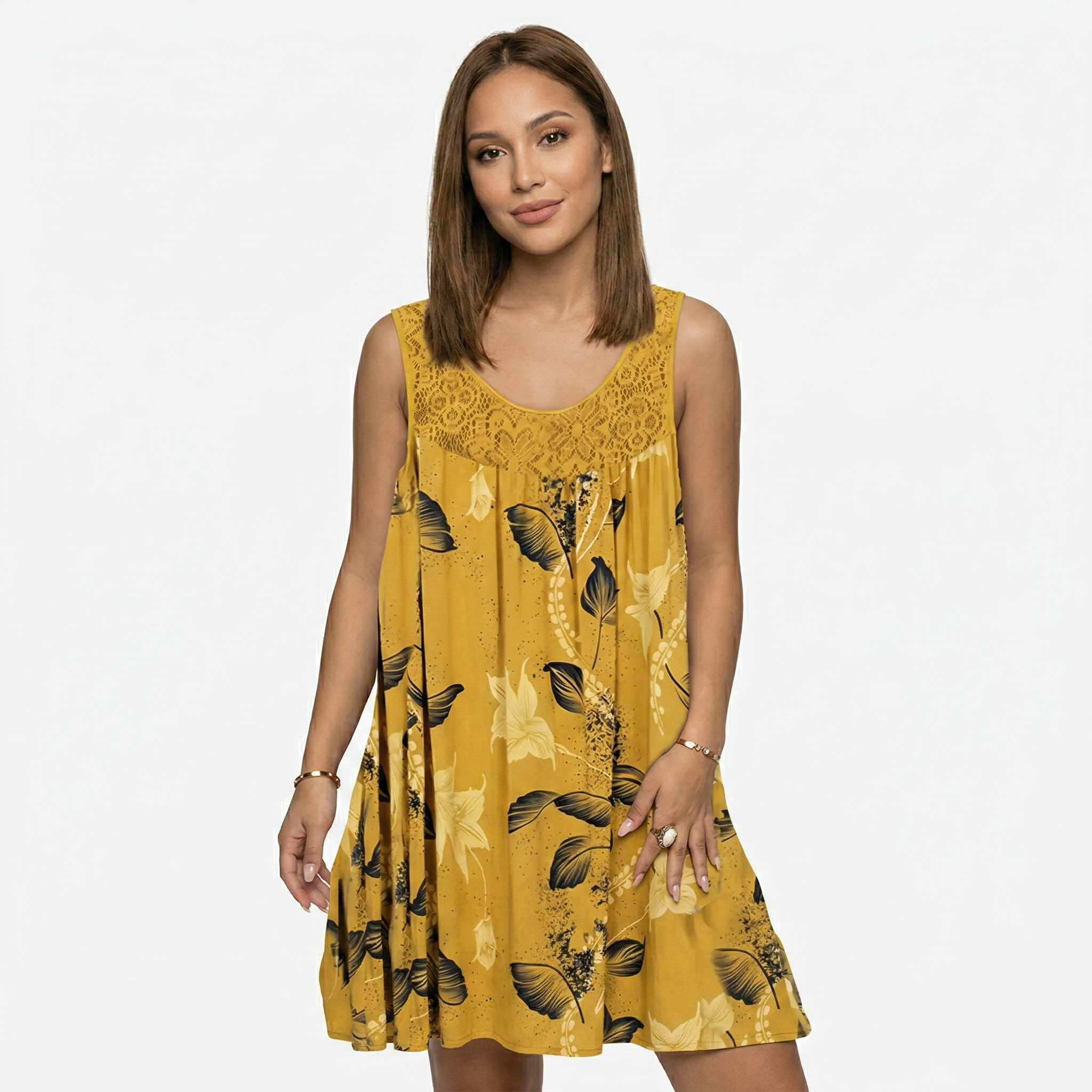 Oldevaine | Sleeveless Scoop Neck Printed Mini Dress Lace Yoke Detail