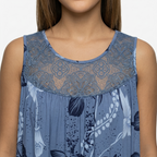 Oldevaine | Sleeveless Scoop Neck Printed Mini Dress Lace Yoke Detail