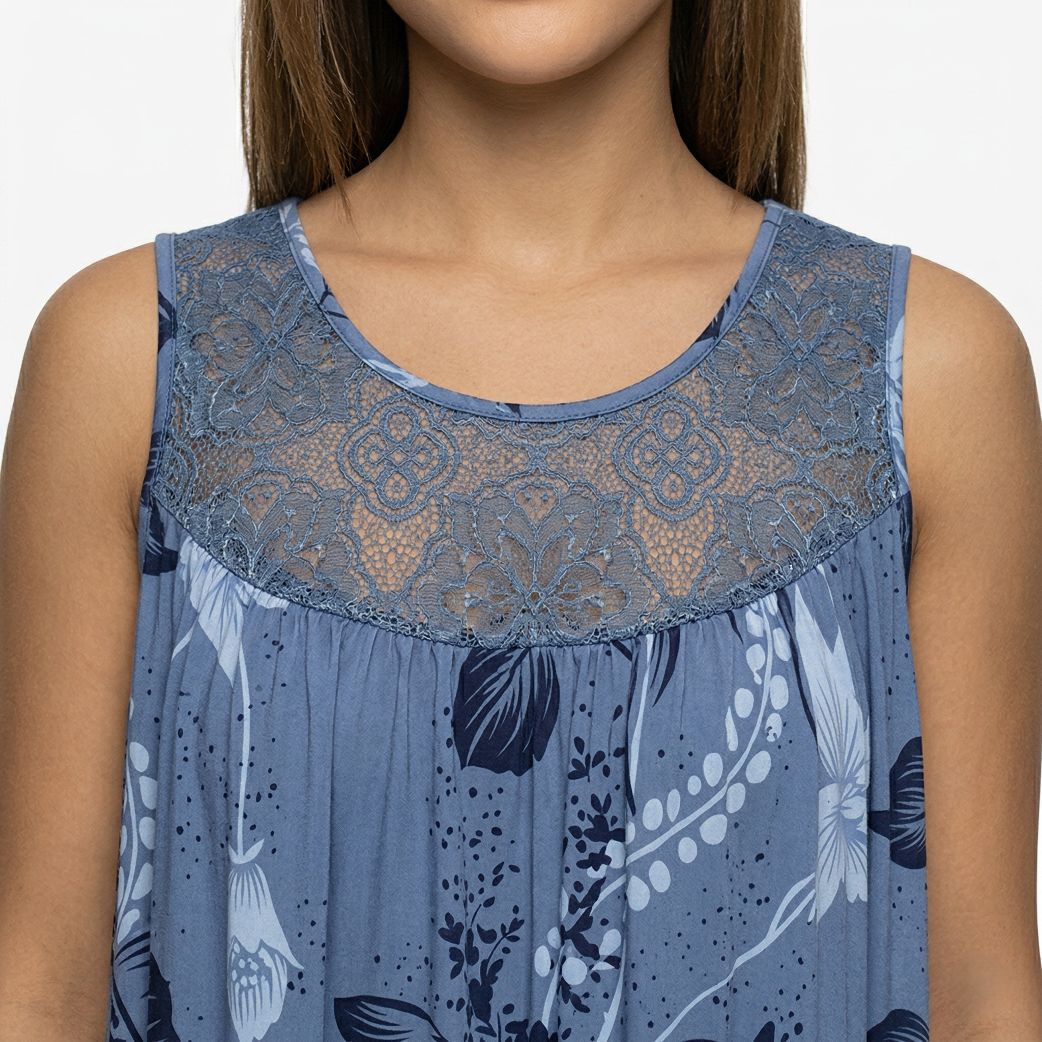 Oldevaine | Sleeveless Scoop Neck Printed Mini Dress Lace Yoke Detail