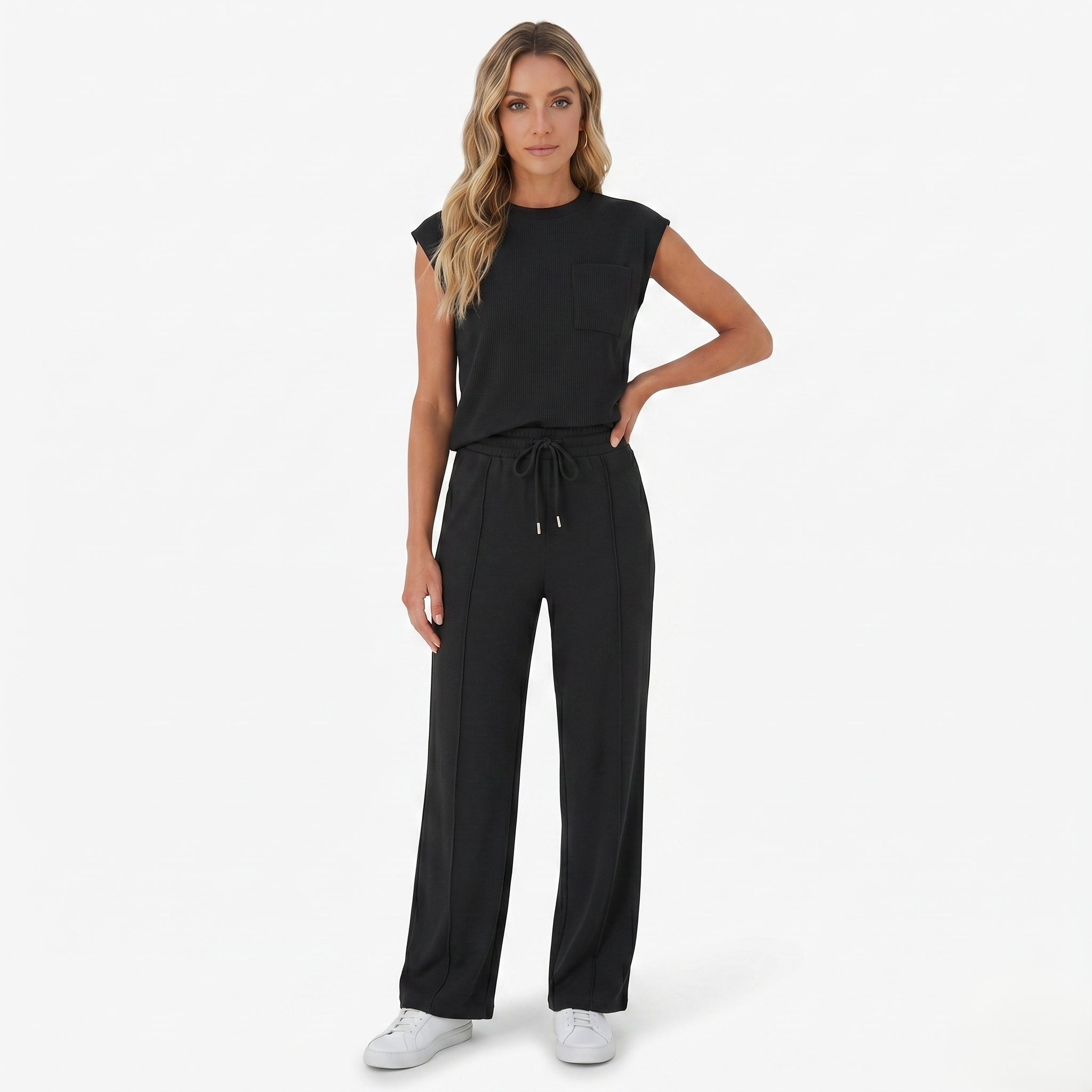 Oldevaine | Two-Piece Sleeveless Crew Neck Top and Wide Leg Trouser Set
