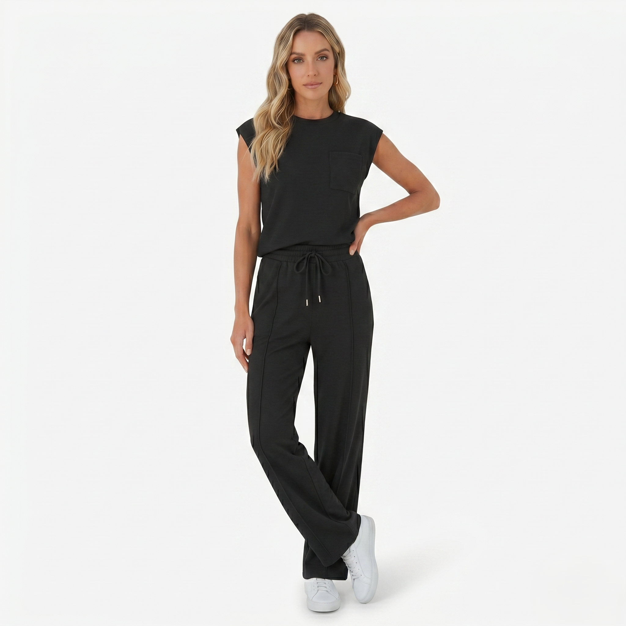 Oldevaine | Two-Piece Sleeveless Crew Neck Top and Wide Leg Trouser Set