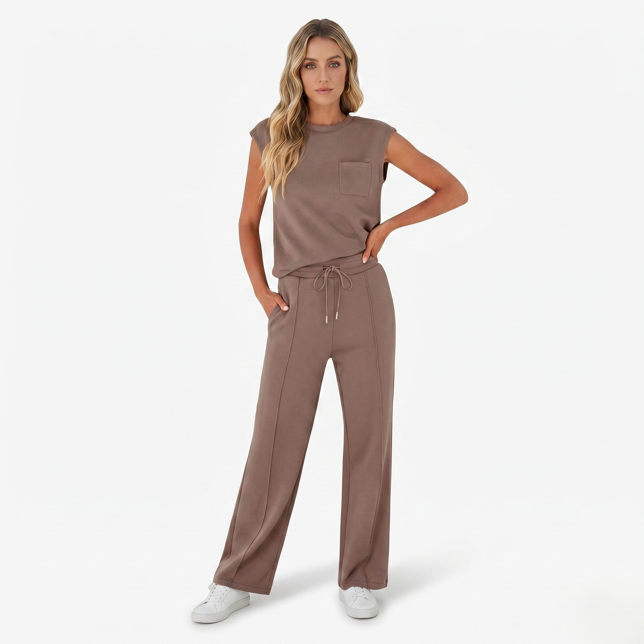 Oldevaine | Two-Piece Sleeveless Crew Neck Top and Wide Leg Trouser Set