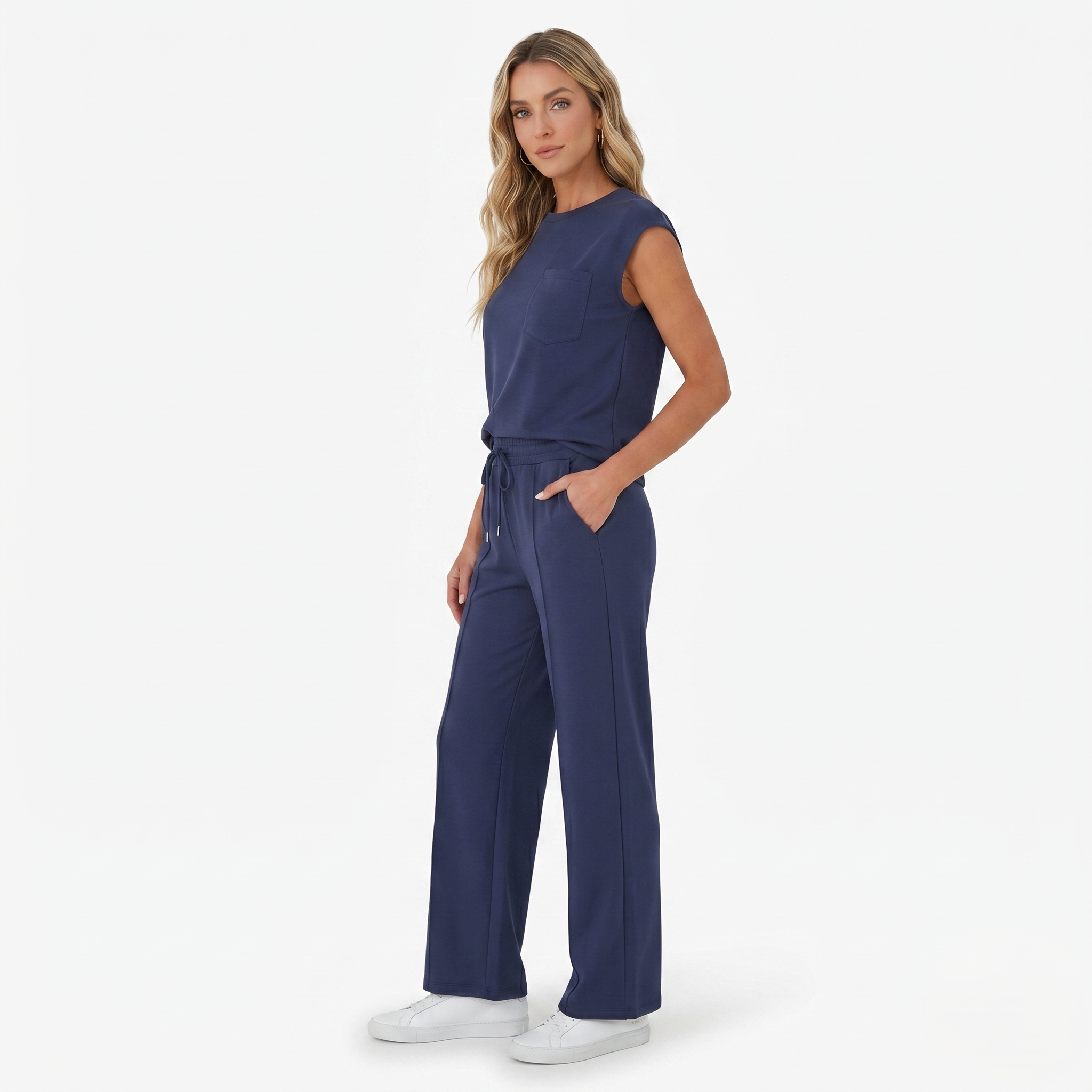 Oldevaine | Two-Piece Sleeveless Crew Neck Top and Wide Leg Trouser Set