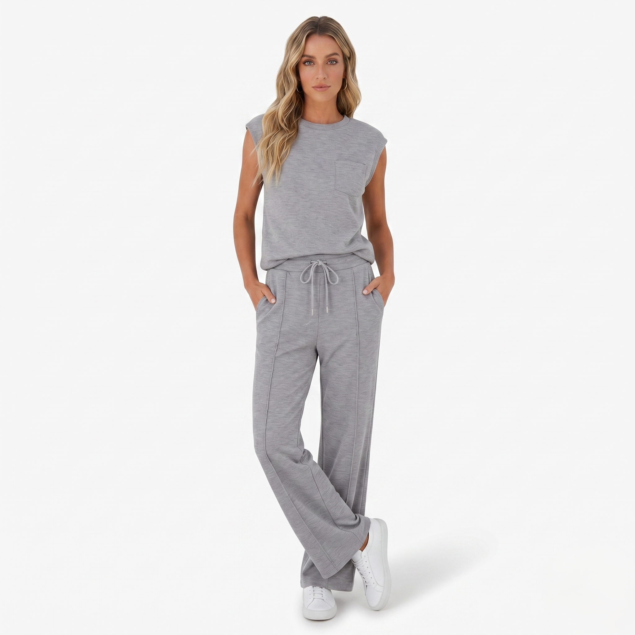 Oldevaine | Two-Piece Sleeveless Crew Neck Top and Wide Leg Trouser Set