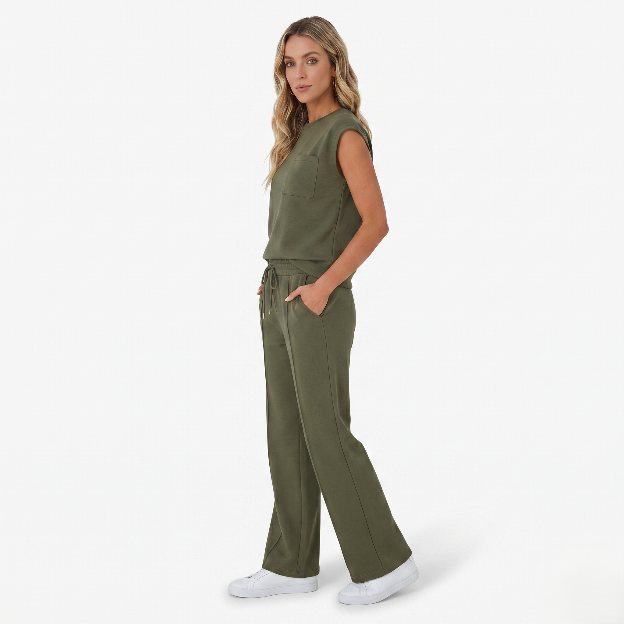 Oldevaine | Two-Piece Sleeveless Crew Neck Top and Wide Leg Trouser Set