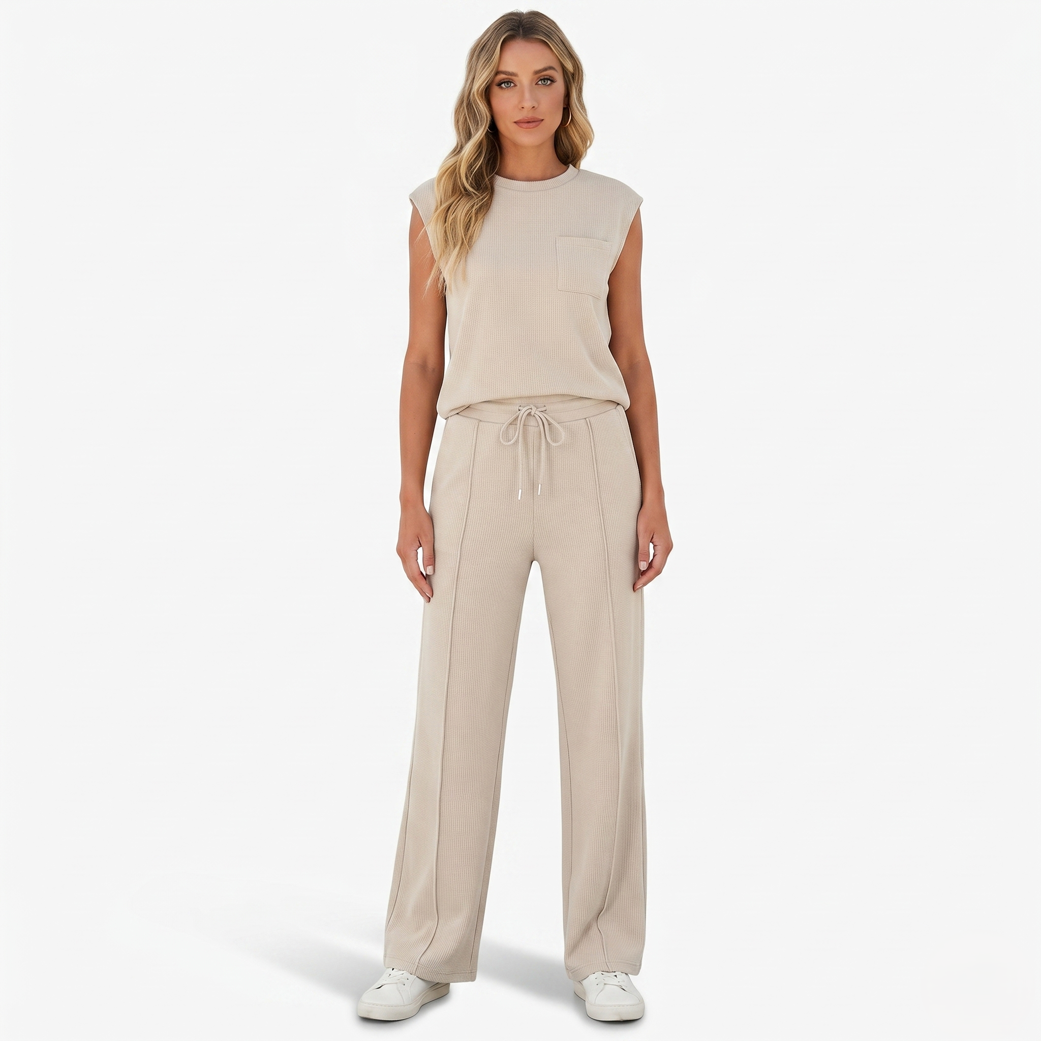 Oldevaine | Two-Piece Sleeveless Crew Neck Top and Wide Leg Trouser Set