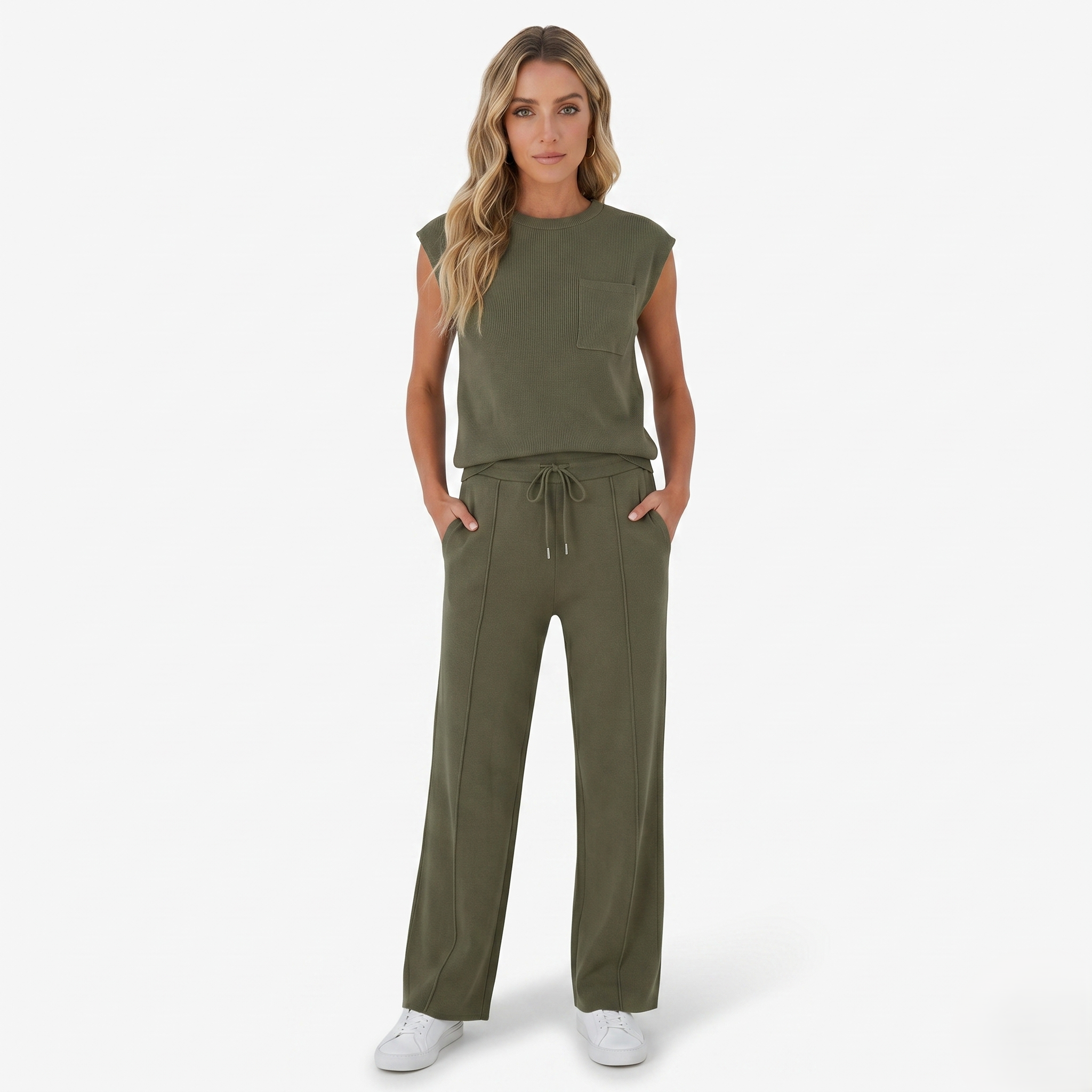 Oldevaine | Two-Piece Sleeveless Crew Neck Top and Wide Leg Trouser Set