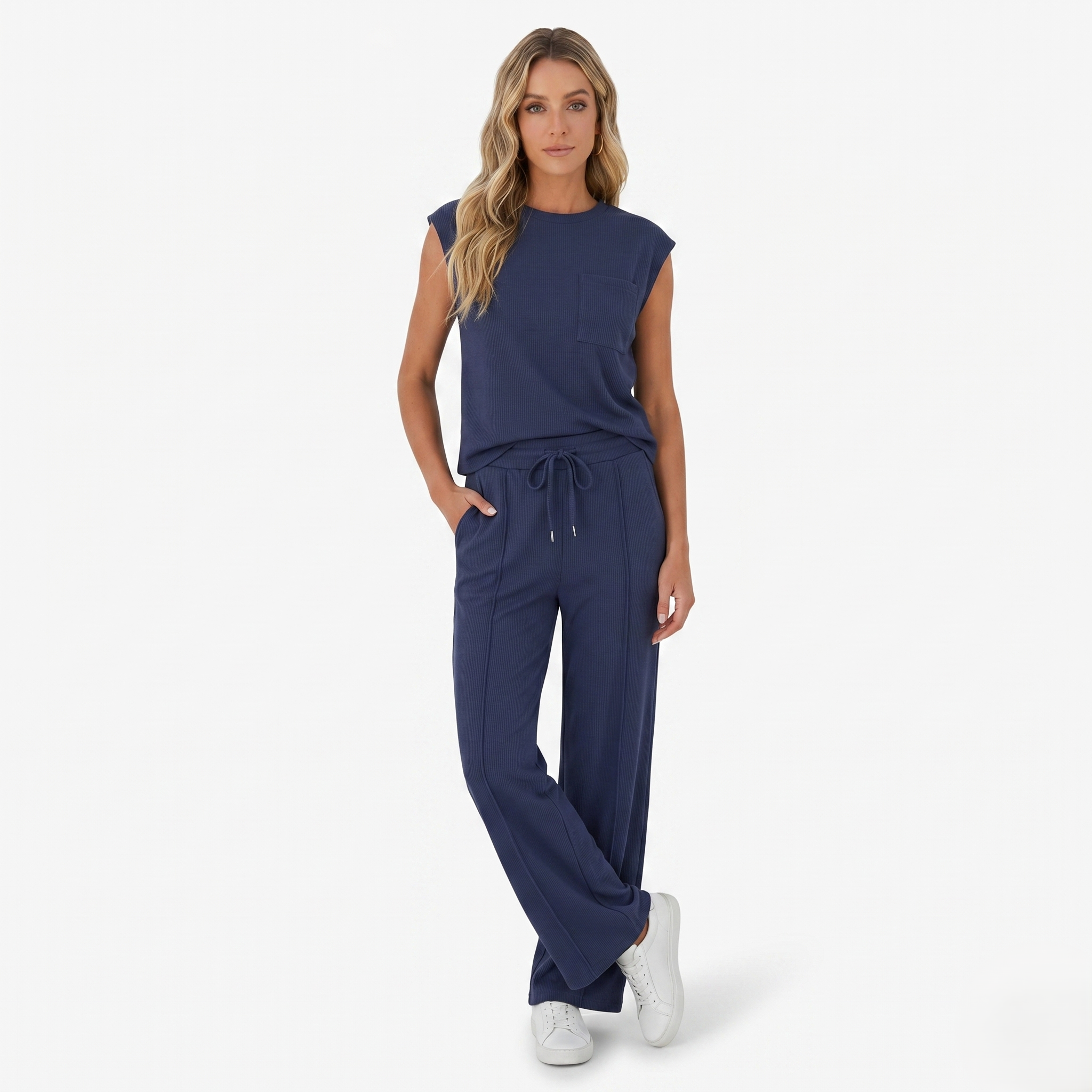 Oldevaine | Two-Piece Sleeveless Crew Neck Top and Wide Leg Trouser Set