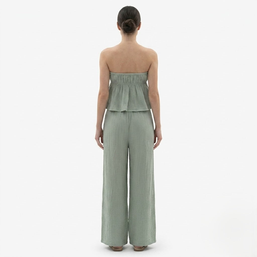 Oldevaine | Two-Piece Strapless Top and Wide-Leg Pants Set