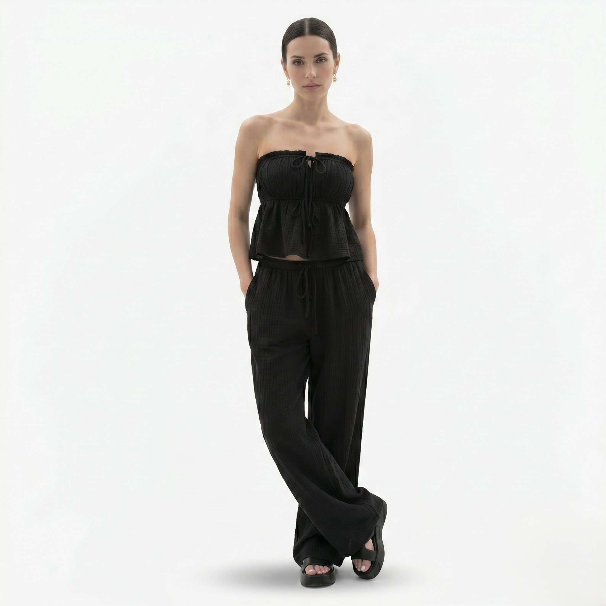 Oldevaine | Two-Piece Strapless Top and Wide-Leg Pants Set